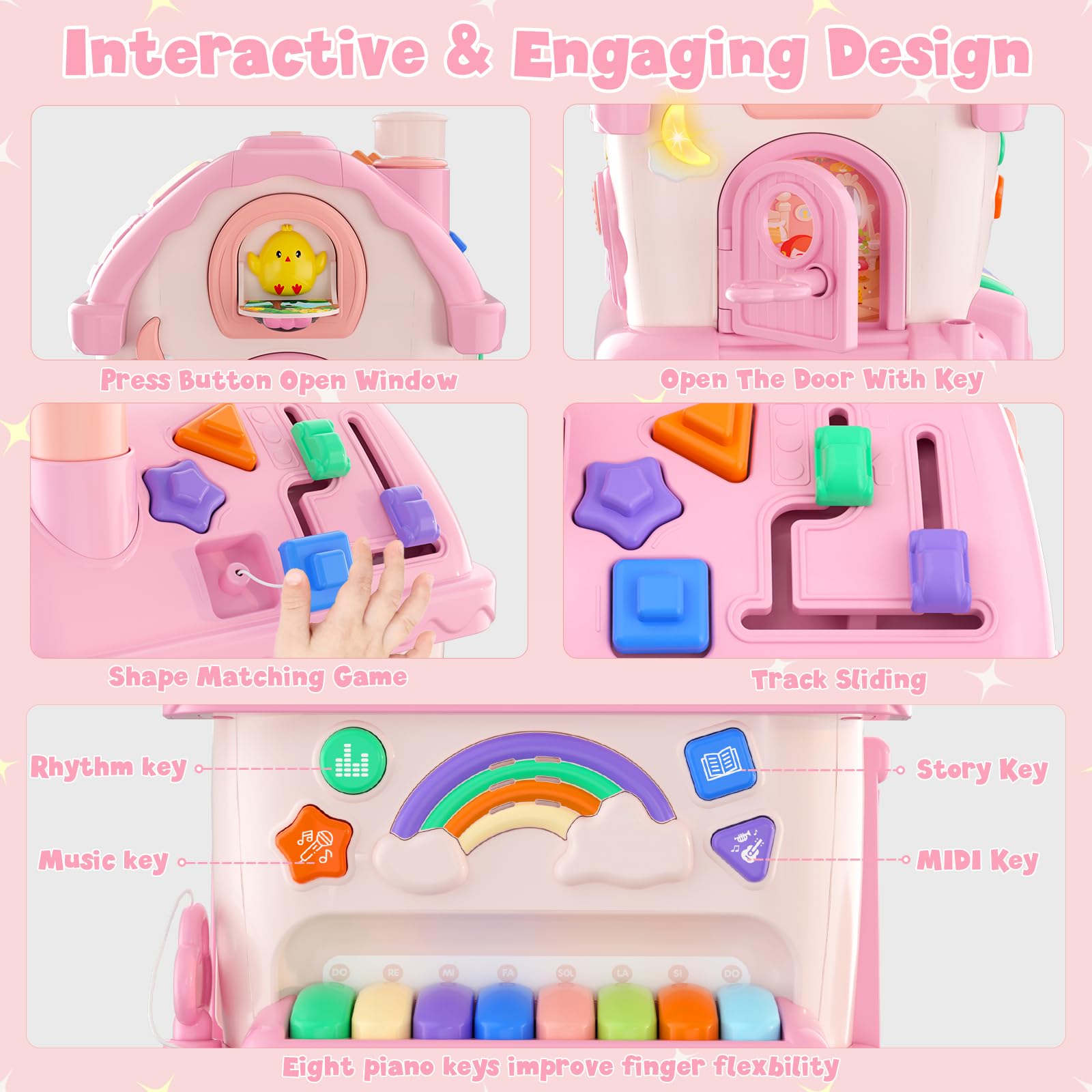 HYES Juguetes para bebé niñas de 1 año, Juguete Montessori, 8 en 1 multifunción casa con música/Coche/Reloj/teléfono/luz, Musical sensorial Juguetes Regalos para bebé de 1-2 años