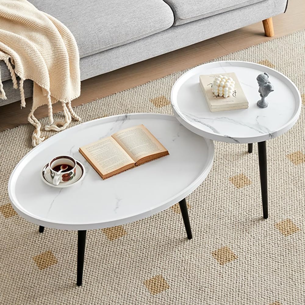 Zucng Coffee Table Set of 2 Mid Century Modern Round Coffee Tables for Living Room, Nesting Coffee Tables Easy Assembly Minimalist Coffee Tables for Bedroom Office Balcony Yard (White)