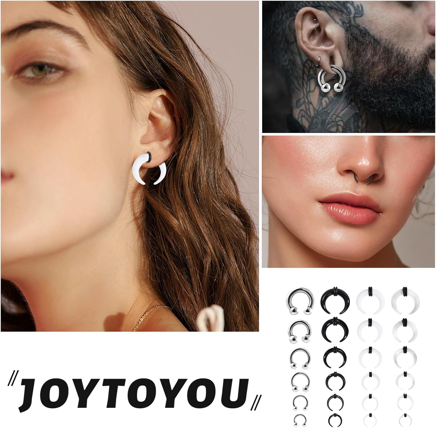 24PCS Acrylic and Stainless Steel Septum Tapers Kit Rings with Black O-Rings Horn Internally Threaded Spike Horseshoe Barbells Pincher Nose Ear Cartilage Septum Stretching Kit 14G-4G