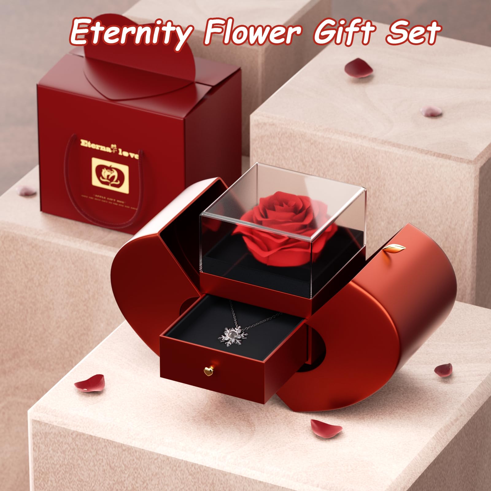 Suewidfay Rosa eterna Regalo per lei, Regalo di Rosa con Collana I Love You per Donne Moglie Fidanzata mamma per Compleanno, Anniversario, San Valentino, Festa della mamma, Natale (Rosso)