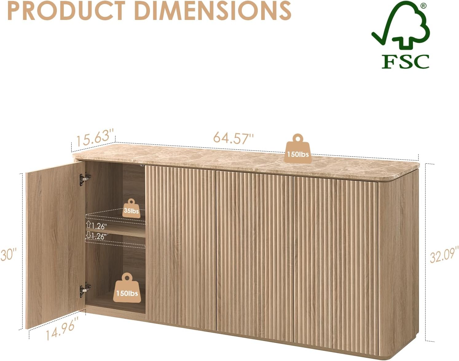 Fluted 4 Doors Sideboard Cabinet with Storage, 64" Wooden Credenza with Shelves, Faux Marble-Top Coffee Bar Console Table, Modern Buffet Cabinet for Dining, Kitchen, Living Room, Entryway, Natural Oak