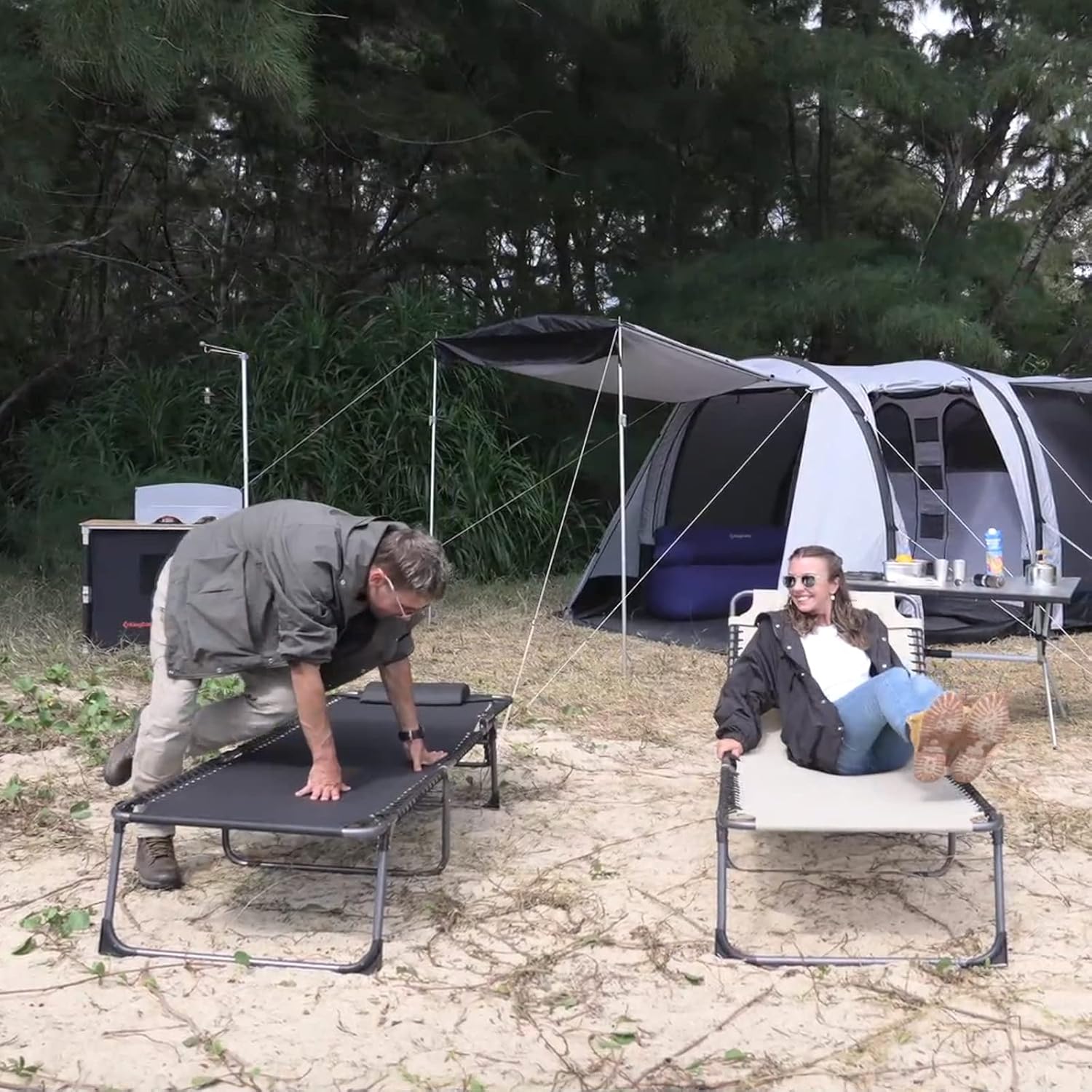 KingCamp Oversized Lounge Chair, Folding Portable Tanning Chairs Comfy Adjustable 5-Position Foldable Chaise Chaser Lounger with Pillow for Outdoor Beach Patio Sun Bathing Pool Backyard, Khaki