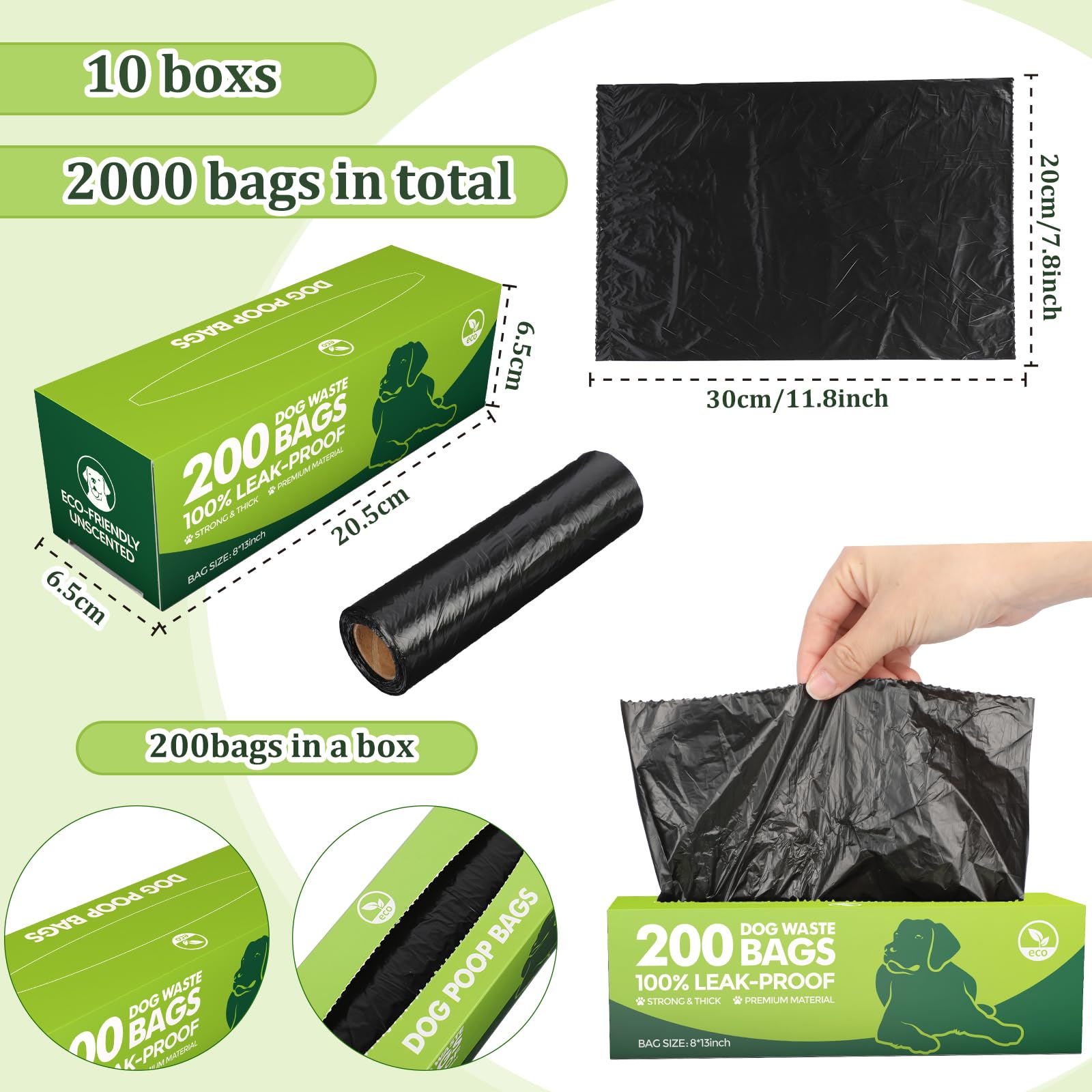 Sherr Hundekotbeutel, auslaufsicher, für Welpen, Haustiere, Outdoor-Spaziergänge und Reisen, 10 Rollen à 2000 Stück, Schwarz, 10 Rollen à 200 Stück