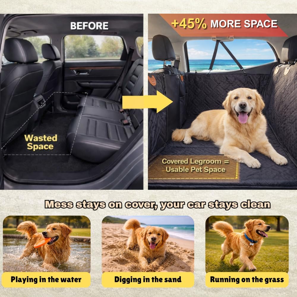 Back Seat Extender for Dogs, Waterproof Dog Car Seat Cover with Hard Bottom Holds 400lbs, Nonslip Dog Hammock Seat Protector for Car, SUV, Truck, Universal Fit, 600D Oxford Fabric