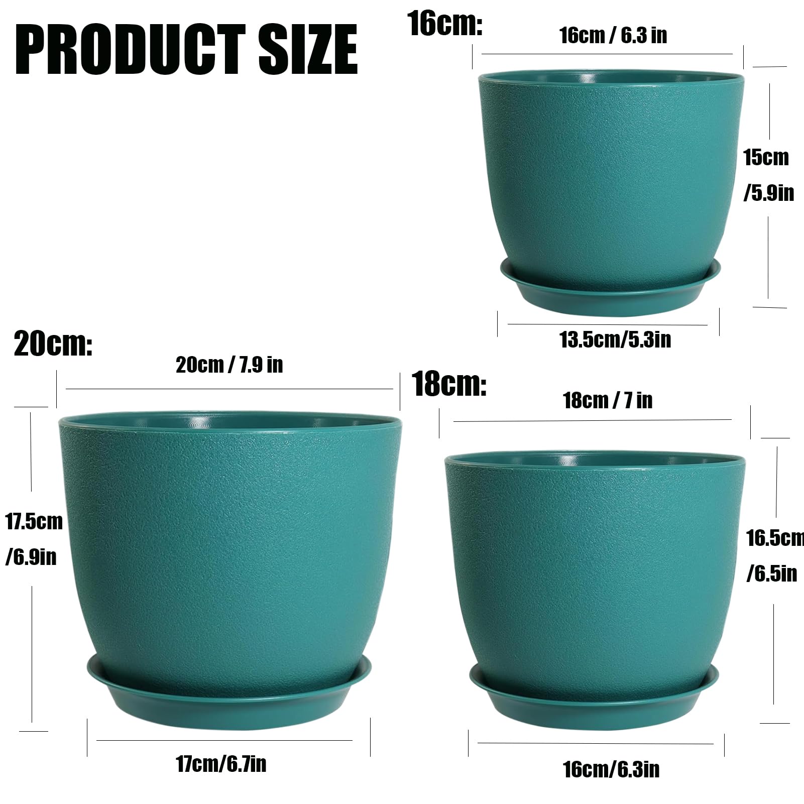 PROFIKLA 20cm, 18cm, 16cm Plastic Plant Pots, Plant Pots with Drainage Holes and Saucers, A Set of 3 Flower Pots - Image 2