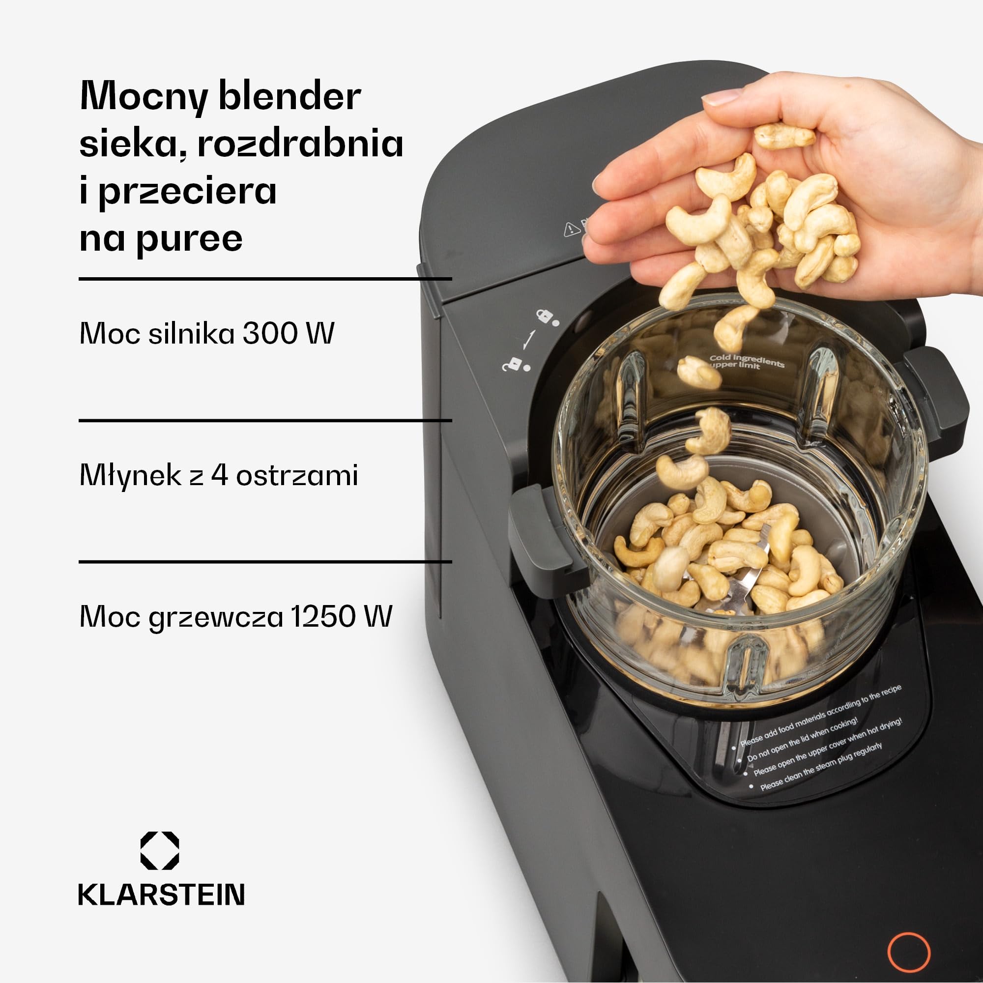 Klarstein Blender, Blender kielichowy 300 W silnik i 1250 W moc grzania, wysokiej mocy do mleka roślinnego, do smoothie z technologią 360°, 30 000 obr/min, Ekran dotykowy, Czarny