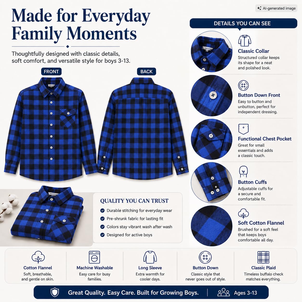 Bienzoe Camisa con botones para niños: camisas de franela de manga larga a cuadros para niños