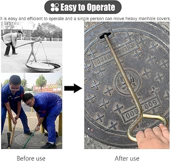 Portable Drain Grate Lifter for Removing Cover, Multipurpose Manhole Lifting Key with Rotated Handle, Metal Hook Pulling Tool for Sewer Lids