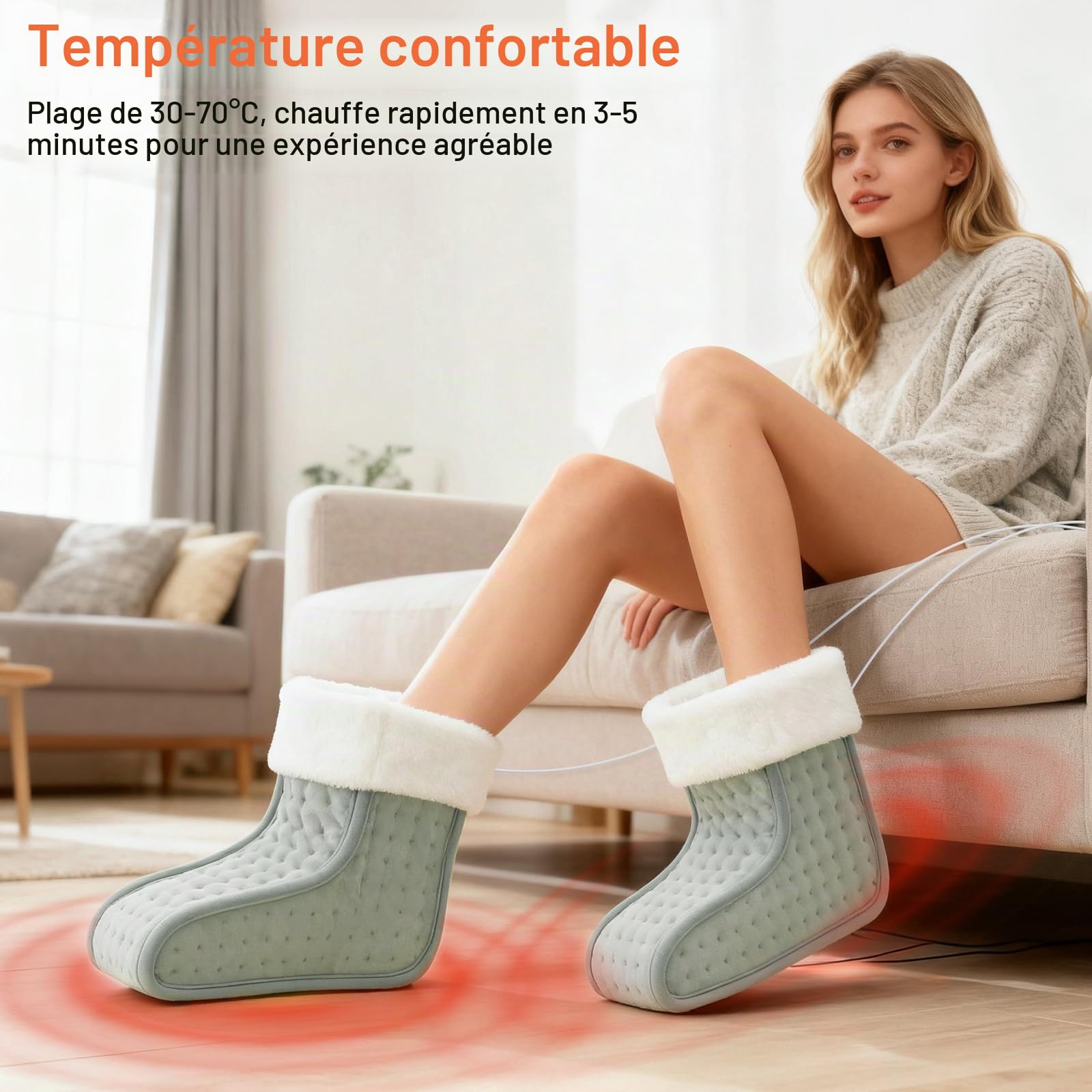 Chauffe-Pieds Électrique, Séparé Chausson Chauffant Electrique avec doublure intérieure lavable, 30℃-70℃ température réglables, 90 minutes Minuteries intelligente, Lavable en Machine