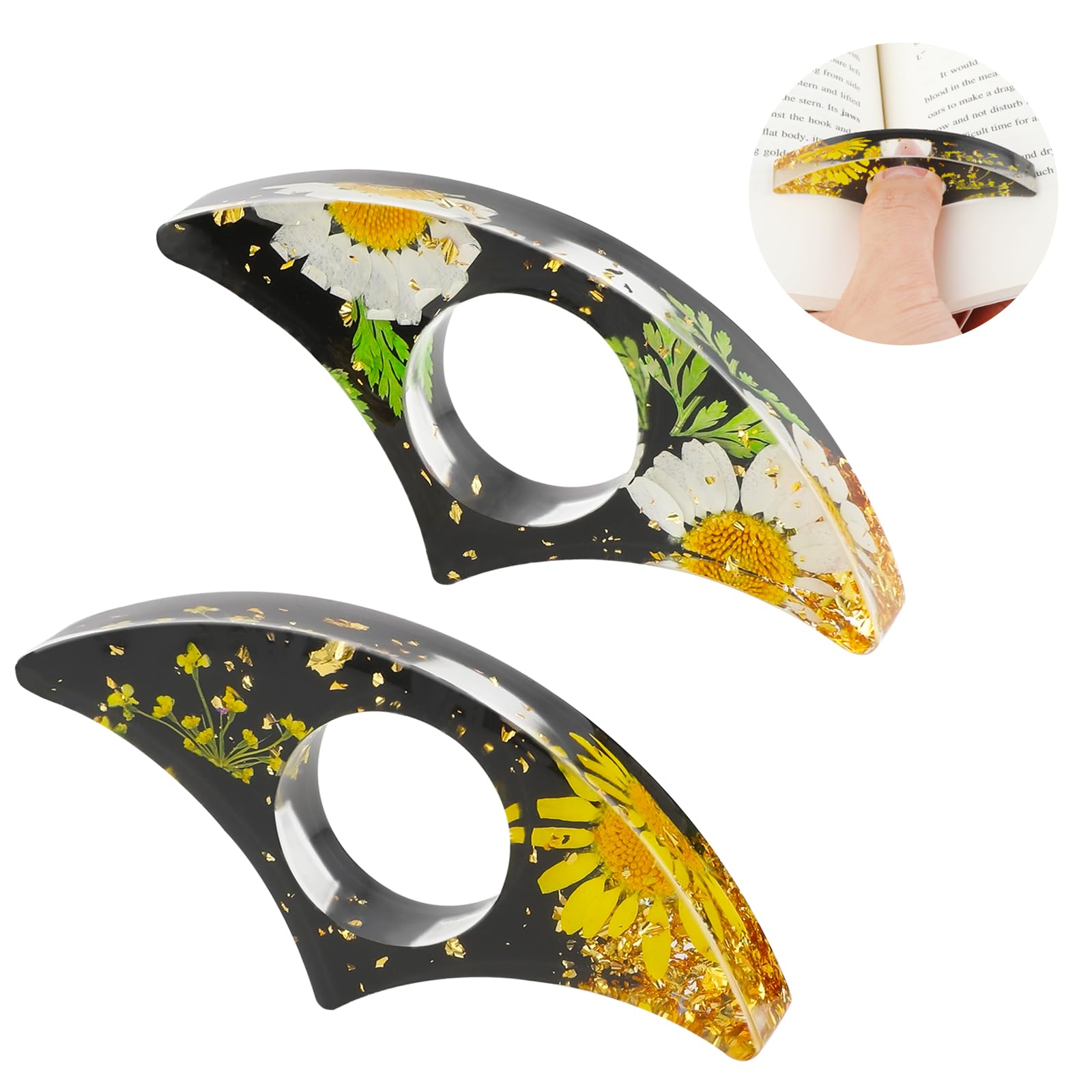 Andibro anillo marcador de pulgar, 2 piezas hechas a mano, soporte para páginas de libros, accesorios de lectura de resina, abridor de libros, marcador floral para profesores, amantes de los