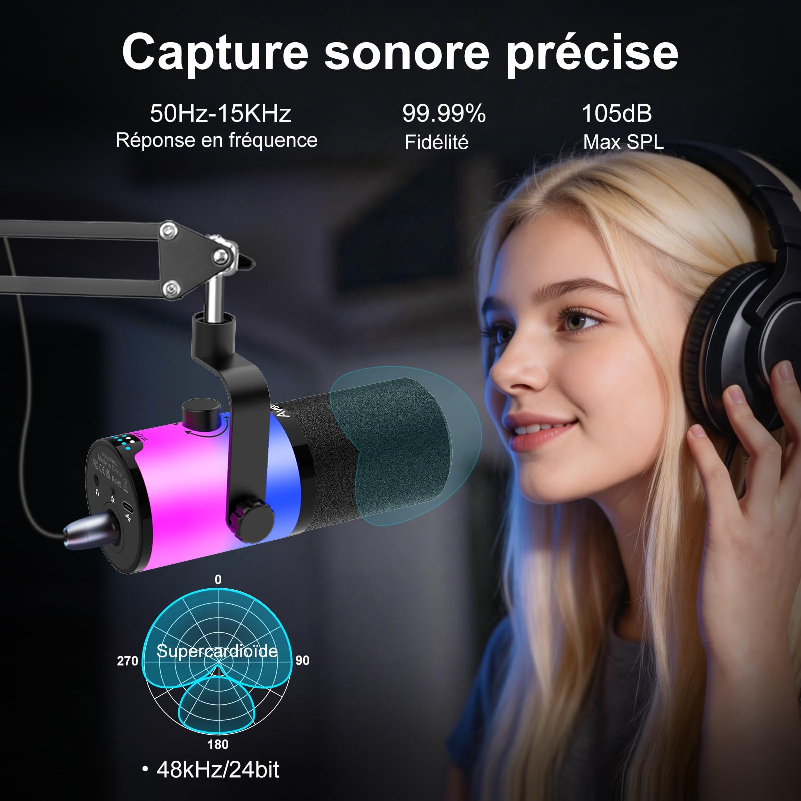 Aveek Microphone Dynamique USB/XLR avec Bras pour Gaming & Streaming