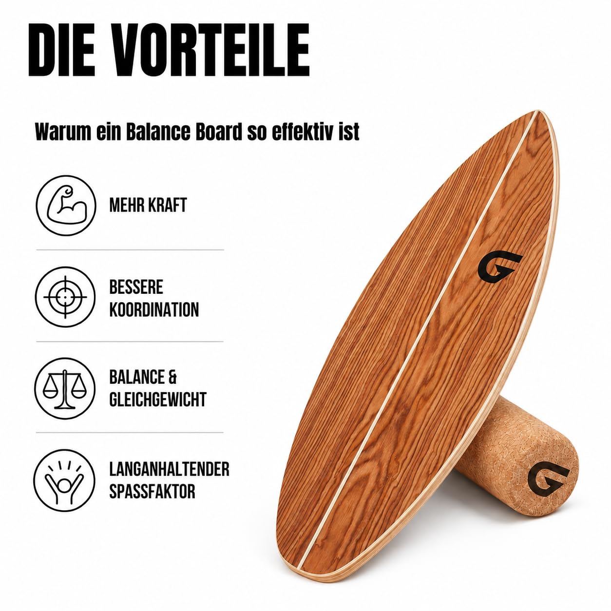 Glory Boards® Balance Board – Handmade - 100% Birkenholz - Inklusive Korkrolle - Optimal für Gleichgewichts- & Krafttraining, Für Einsteiger & Fortgeschrittene, Indoor & Outdoor – Erwachsene & Kinder
