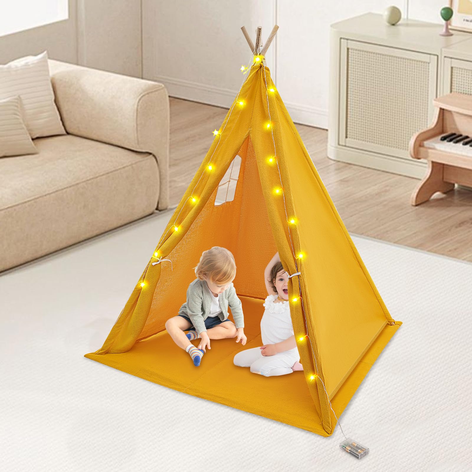 Tipi Tente pour Enfants avec LumièRes,Tipi Enfant Interieur Tente de Jeux Jeu Pliable en Coton avec Tapis 120 * 120 * 140cm,Salle de Jeux Spacieuse pour 1-3 Enfants (Jaune)