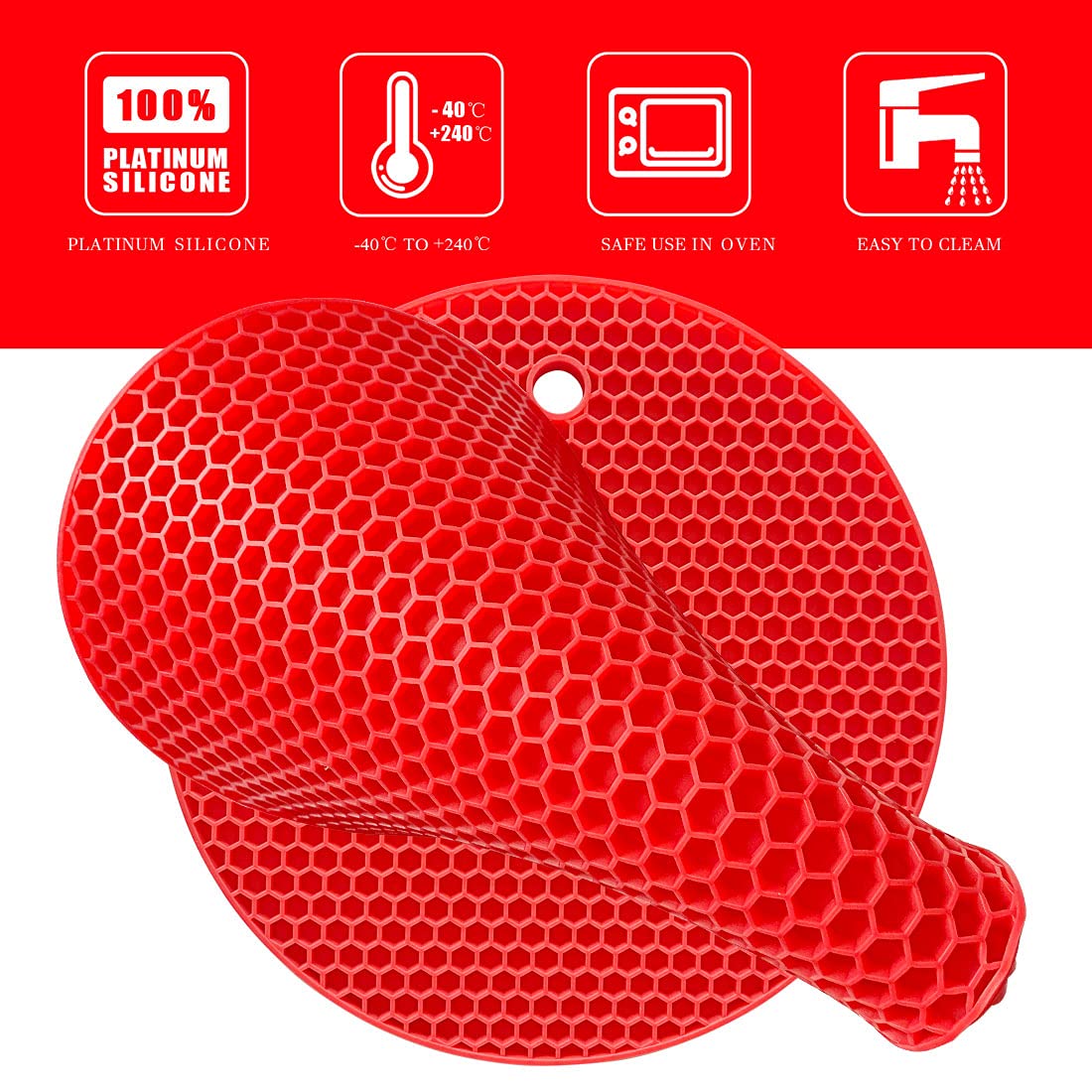 PTAPIPI Salvamanteles de Silicona (Pack de 2, Ø18cm) | Soporte para Ollas Calientes Resistente al Calor, Antideslizante y Lavavajillas (Rojo)