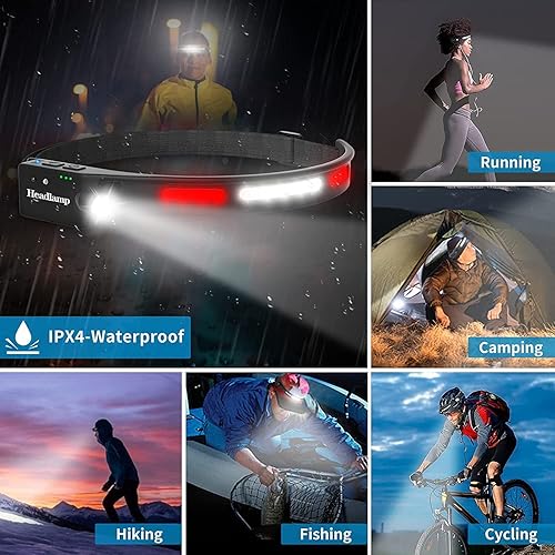 Miniatura 5 de Fay Bless Lámpara de cabeza LED, 3.00 oz, 350 lúmenes, IPX4, impermeable, 1200 mAh hasta 8 h, faros superbrillantes, sensor de movimiento, 5 modos