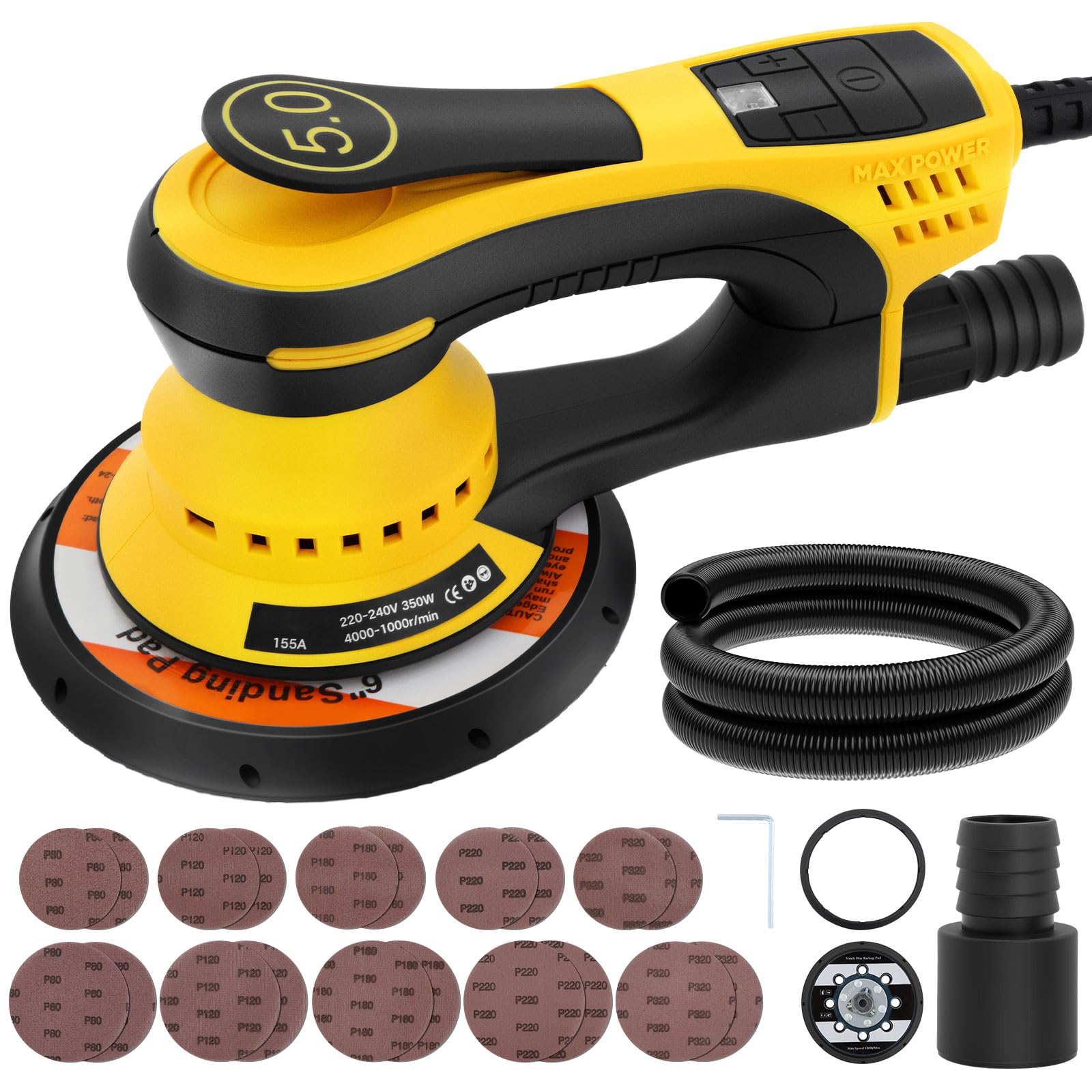 5mm Random Orbital Sander Brushless 230V Multi-Function Variable Speed Electric Corded Orbital Sanders Machine with 10 Sanding Paper for Woodworking