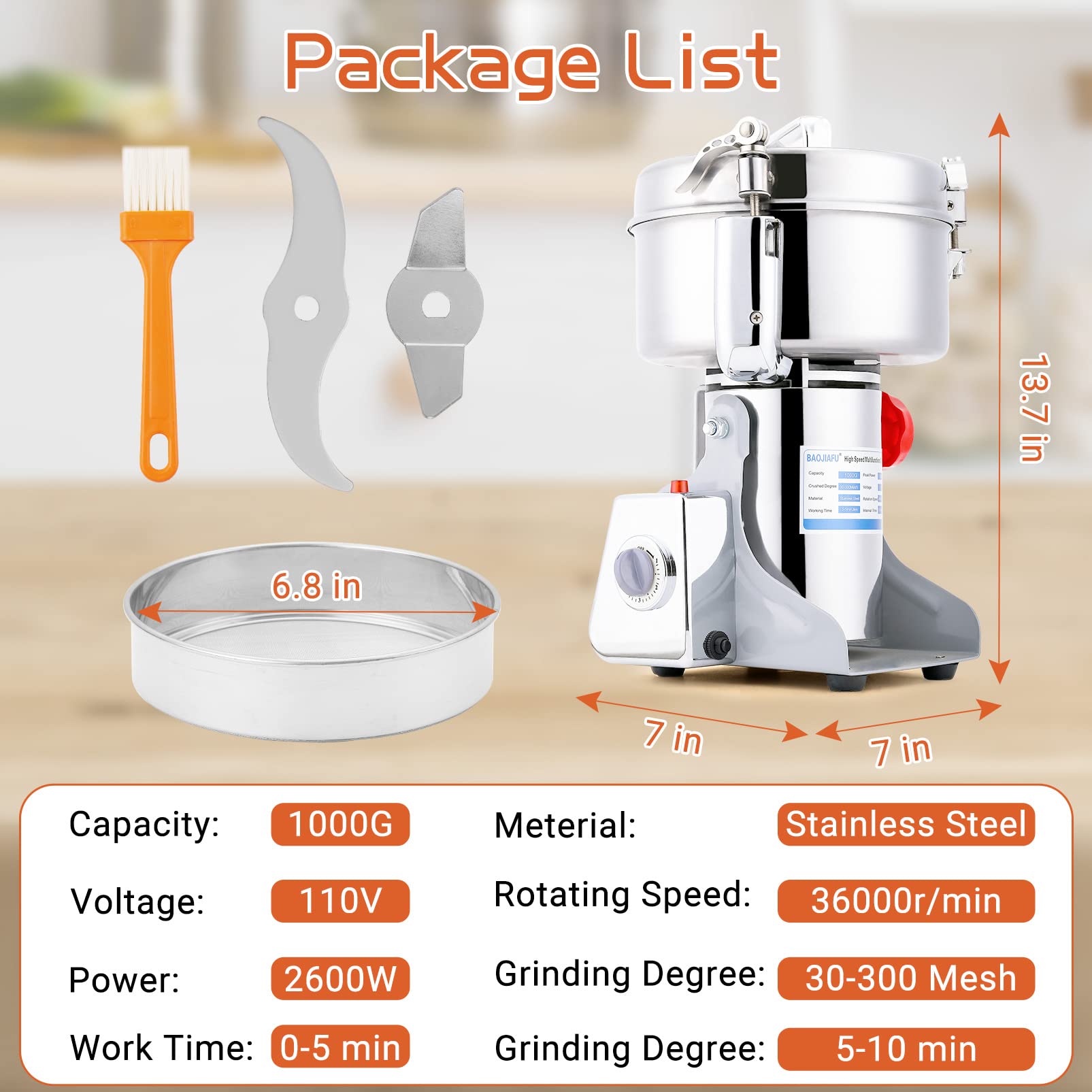 Condition photo showing New/Like New for electric grain mill 1000g high-speed grain spice herb grinder 2600w dry grinder machine 304 stainless steel superfine powder high-speed grain mill 36000r/min for kitchen home and commercial