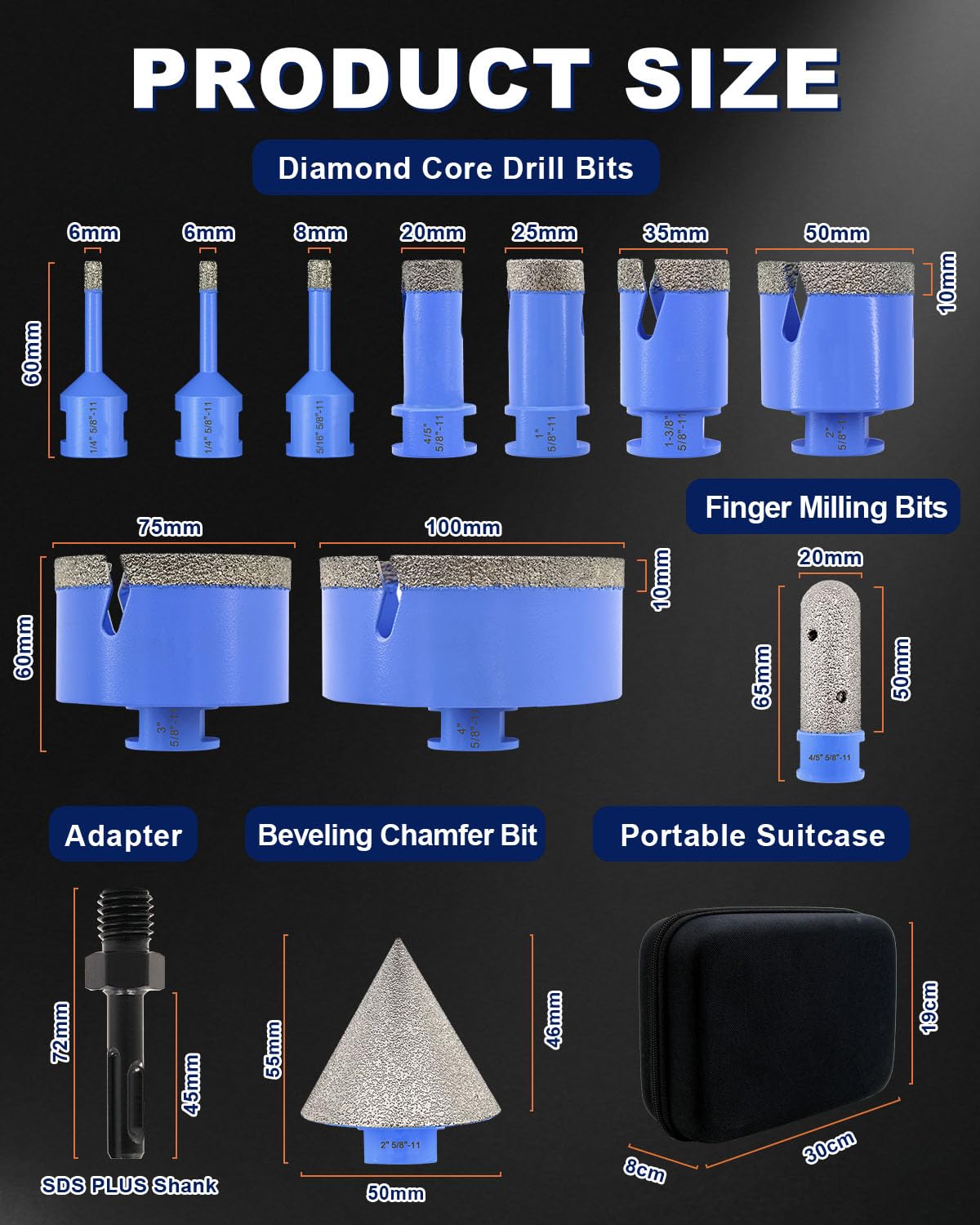 Diamond Tile Hole Saw Kit - 12Pcs 1/4'' X 2, 5/16'', 4/5'', 1'', 1-3/8'', 2'', 3'', 4''Drill Bits, 4/5'' Finger Bit, 2'' Beveling Chamfer Bit, Adapter for Porcelain Tile Ceramic Granite Marble