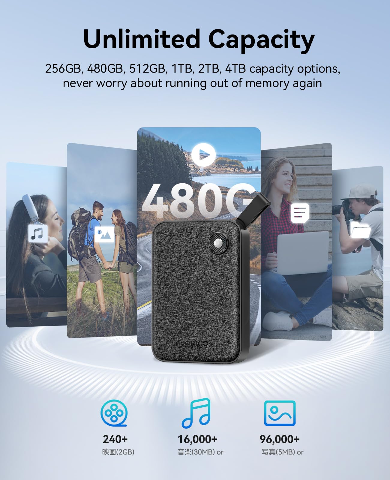 ORICO SSD Portátil Extremo 480GB, hasta 460 MB/s, SSD NVMe Portátil con Cable USB C 2 en 1 para iPhone 15/16/17, Mac, PC, Smartphone y Consola de Juegos, B5Plus-VB