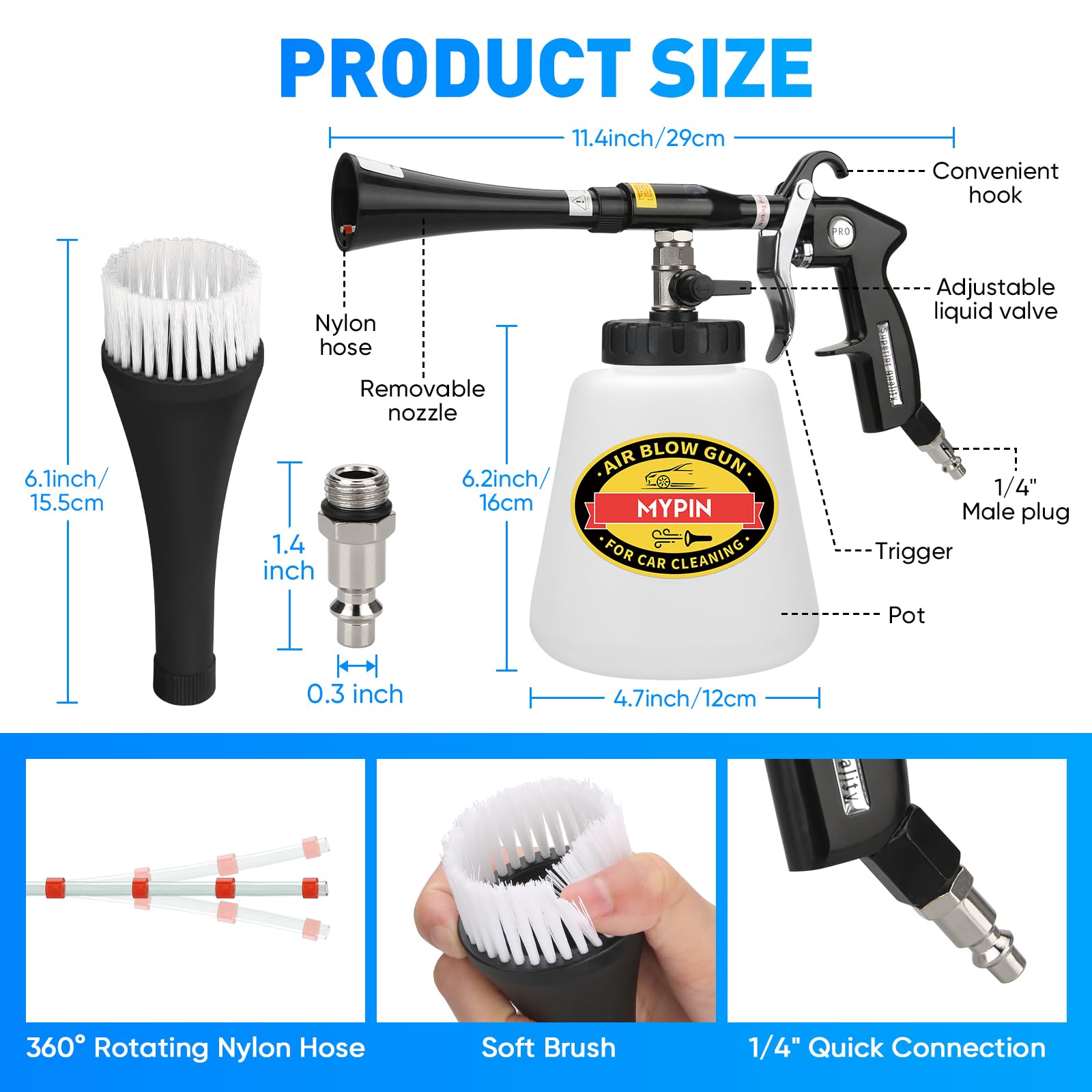 MYPIN Kit de Pistolet de Nettoyage de Voiture, 6-9,2 Bar, Pistolet à air comprimé Haute Pression avec 2 Buses, Nettoyage intérieur de Voiture pour siège de Voiture, Tapisserie, Tapis