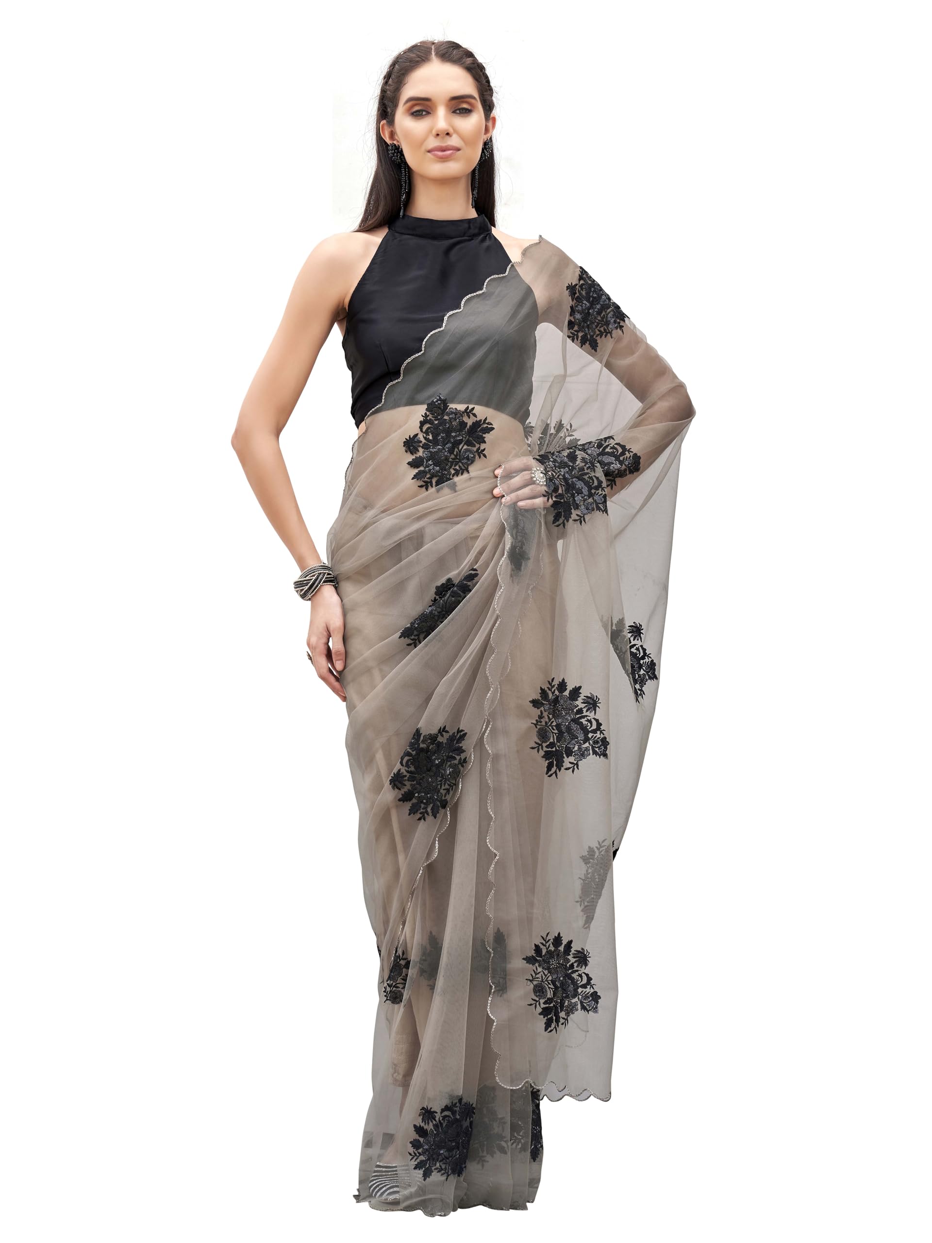 womanista Women's Tan colored embroidered net saree with scalloped border(TI7088_Tan_Onesize)-picture-33