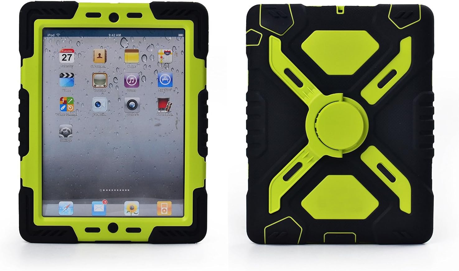 iPad Mini 1/2/3 Cover Cases with Kickstand -Kids Proof Extreme Duty Dual Protective Back Cover with Kickstand and Sticker Rainproof Sand proof Dust-proof Shockproof for Kids Women Men (Black/Green)