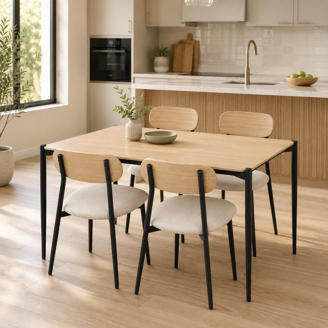 Set Tavolo e 4 Sedie moderno per Cucina e Sala da Pranzo, Tavolo Rettangolare 110x70 cm con Struttura in Metallo Nero, Piano MDF Effetto Legno, Sedie Imbottite in Tessuto, Set 5 Pezzi 4 Posti (Rovere)