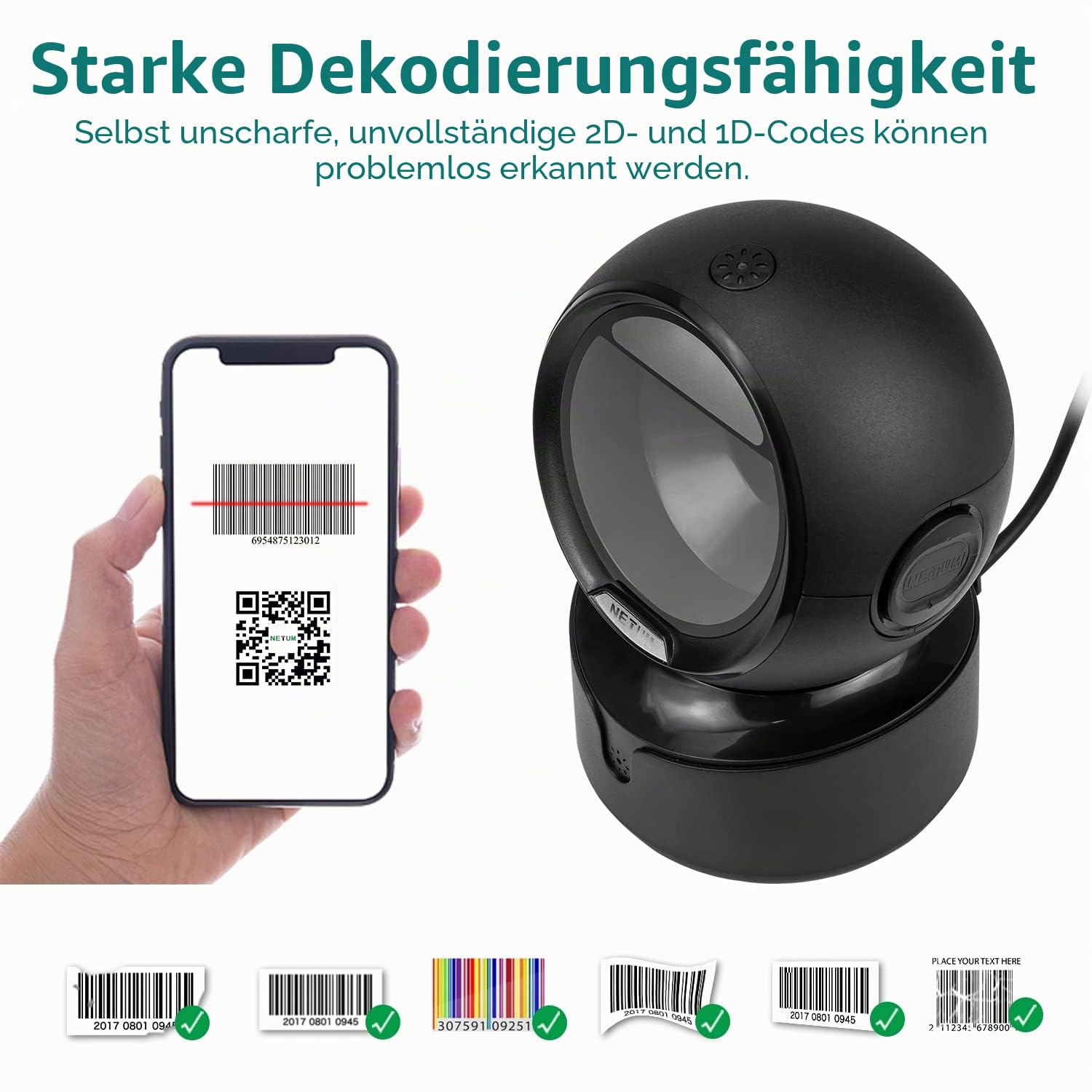 NetumScan omnidirektionaler Desktop Barcode Scanner NSA5, kabelgebundener USB 1D-2D QR Barcode-Leser