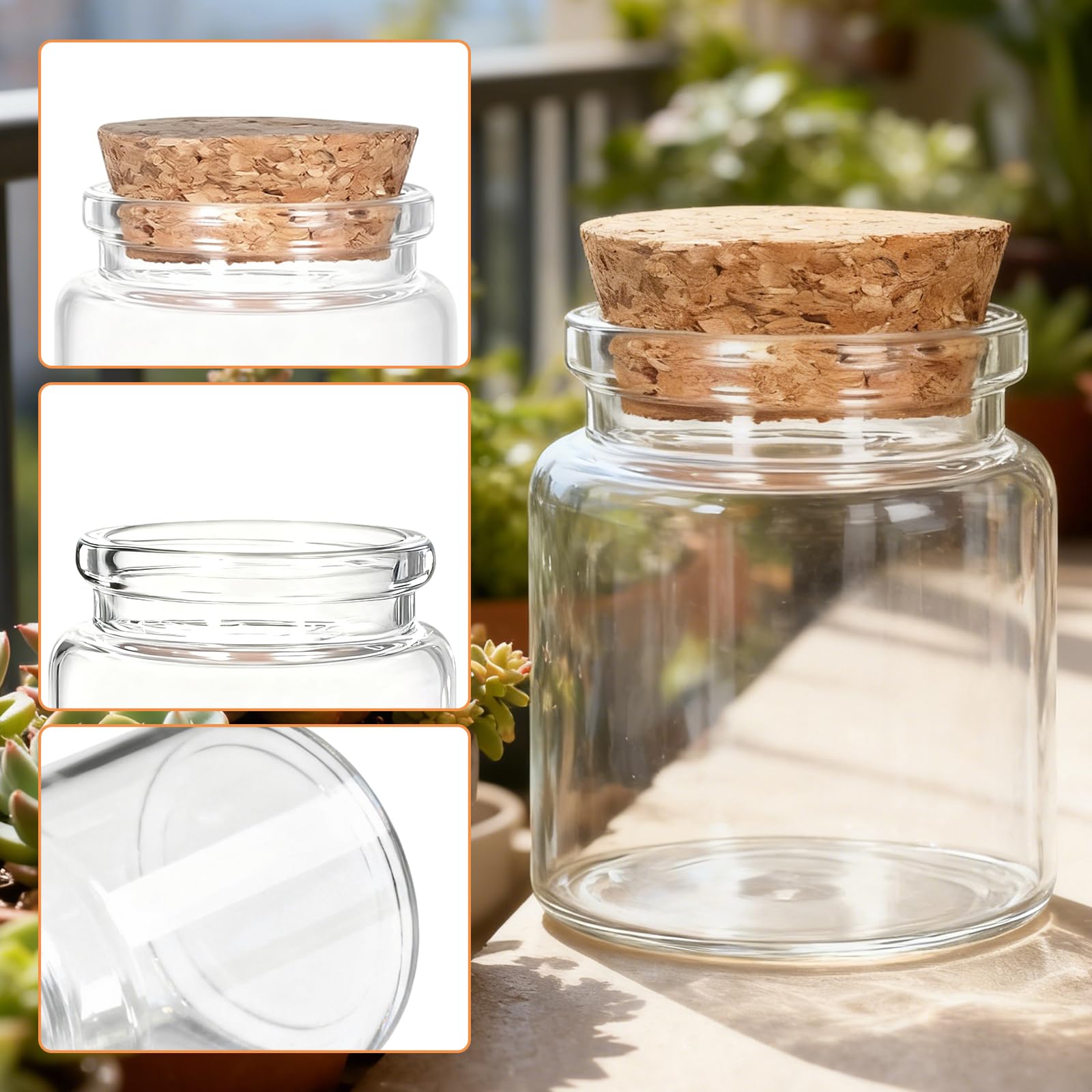 VOSSOT Mini butelki szklane z korkiem, 4 sztuki, 50 ml, małe szklane butelki do napełniania, dekoracja weselna, słoiki na przyprawy, styl boho, wielokrotnego użytku, dekoracja na imprezę, szklane