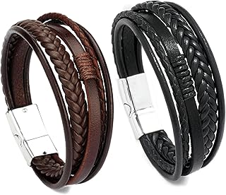 YUBBYSTU 2 Pcs Men's Leather Bracelet, Personalised Handmade Braided Multi-Layer Bracelet, Unisex Cuff Wrap Brown Black Multi-Layer Rope Wristband