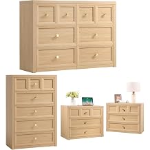4 Piece Bedroom Set - Includes 6 Drawer Dresser, 5 Drawer Wood Dresser and 3 Drawer King Size Nightstands Set of 2 with Charging Station, 4 Piece Farmhouse Dresser and Nightstand Sets,Natural