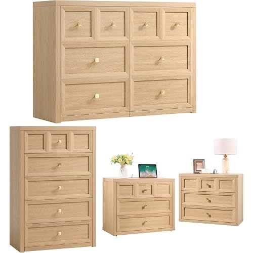 4 Piece Bedroom Set - Includes 6 Drawer Dresser, 5 Drawer Wood Dresser and 3 Drawer King Size Nightstands Set of 2 with Charging Station, 4 Piece Farmhouse Dresser and Nightstand Sets,Natural