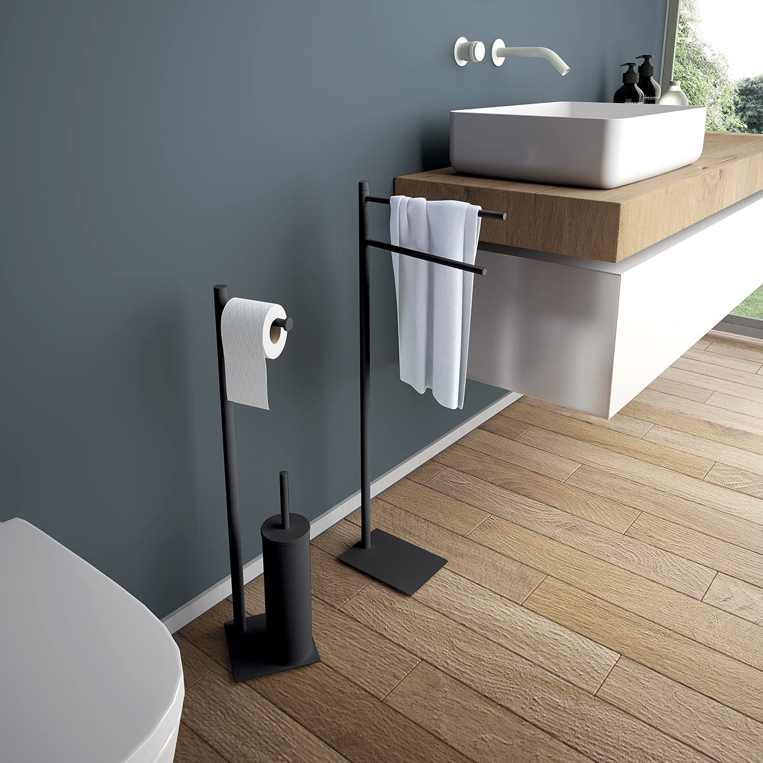 Gedy TRILLY Porta scopino e portarotolo per bagno, nero opaco, acciaio inox e resine termoplastiche, 14 x 14 x 63