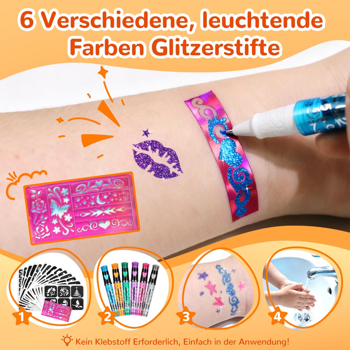 Bledras Glitzer Tattoo Set Kinder – 6 Tattoo Stifte + 31 Glitzerfarben – Komplett-Set mit 178 Schablonen, 5 Pinseln, 3 Klebern,Leucht-tattoos – Make-up Set für Mädchen & Jungen – Geschenk ab 3 Jahren
