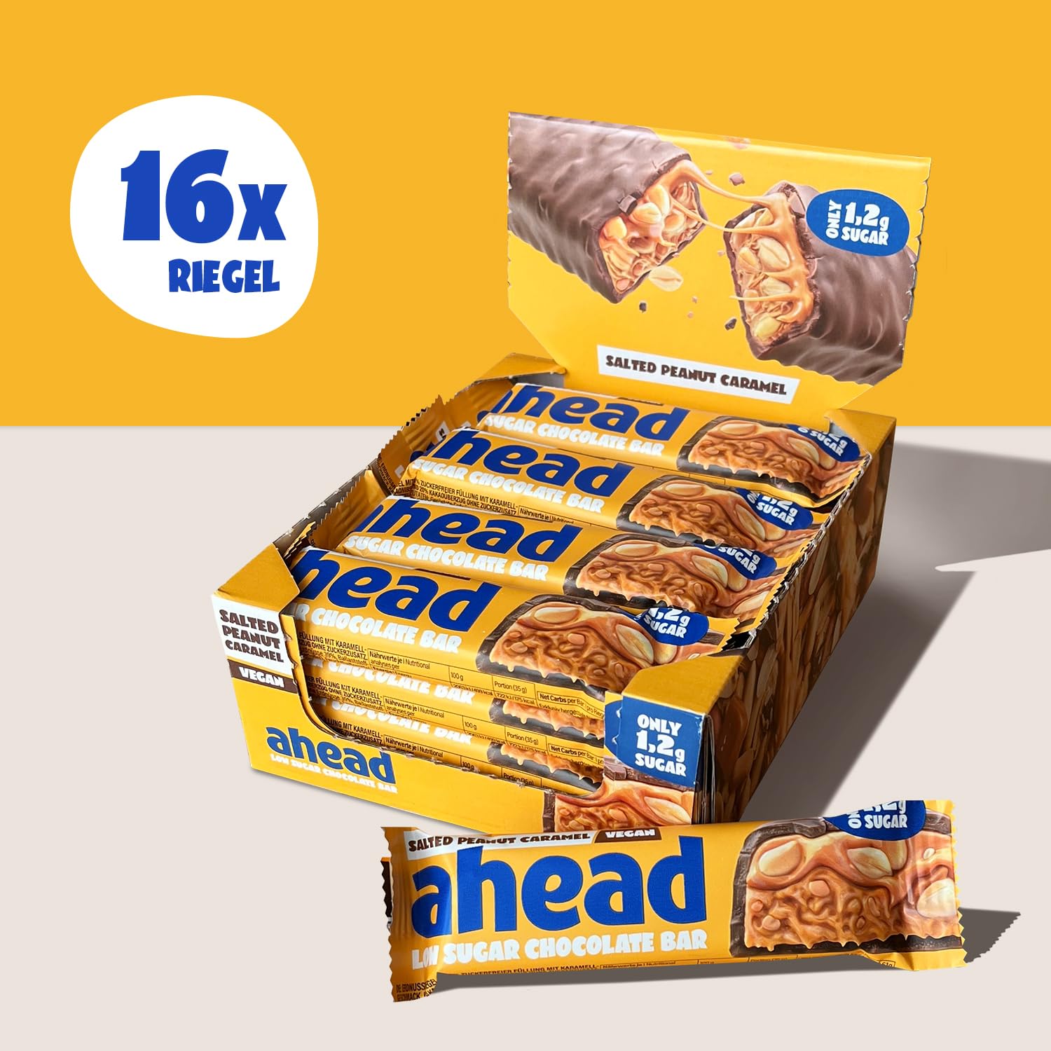AHEAD Veganer Süßigkeiten Riegel – Salted Peanut Caramel – 16 x 35g – Keto Riegel mit Schokolade ohne Zuckerzusatz – nur 5g Net Carbs pro Low Carb Süßigkeit - Verbesserte Rezeptur