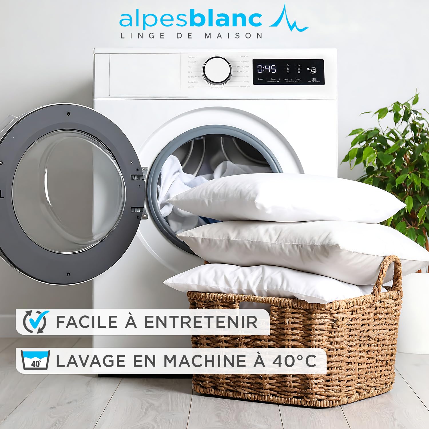 Alpes Blanc - Pack 4 pièces : 2 Oreillers en Plumes + 2 Protèges Oreillers 100% Coton - 60 x 60 cm – Accueil Moelleux, Soutien Ferme - Fabrication Française