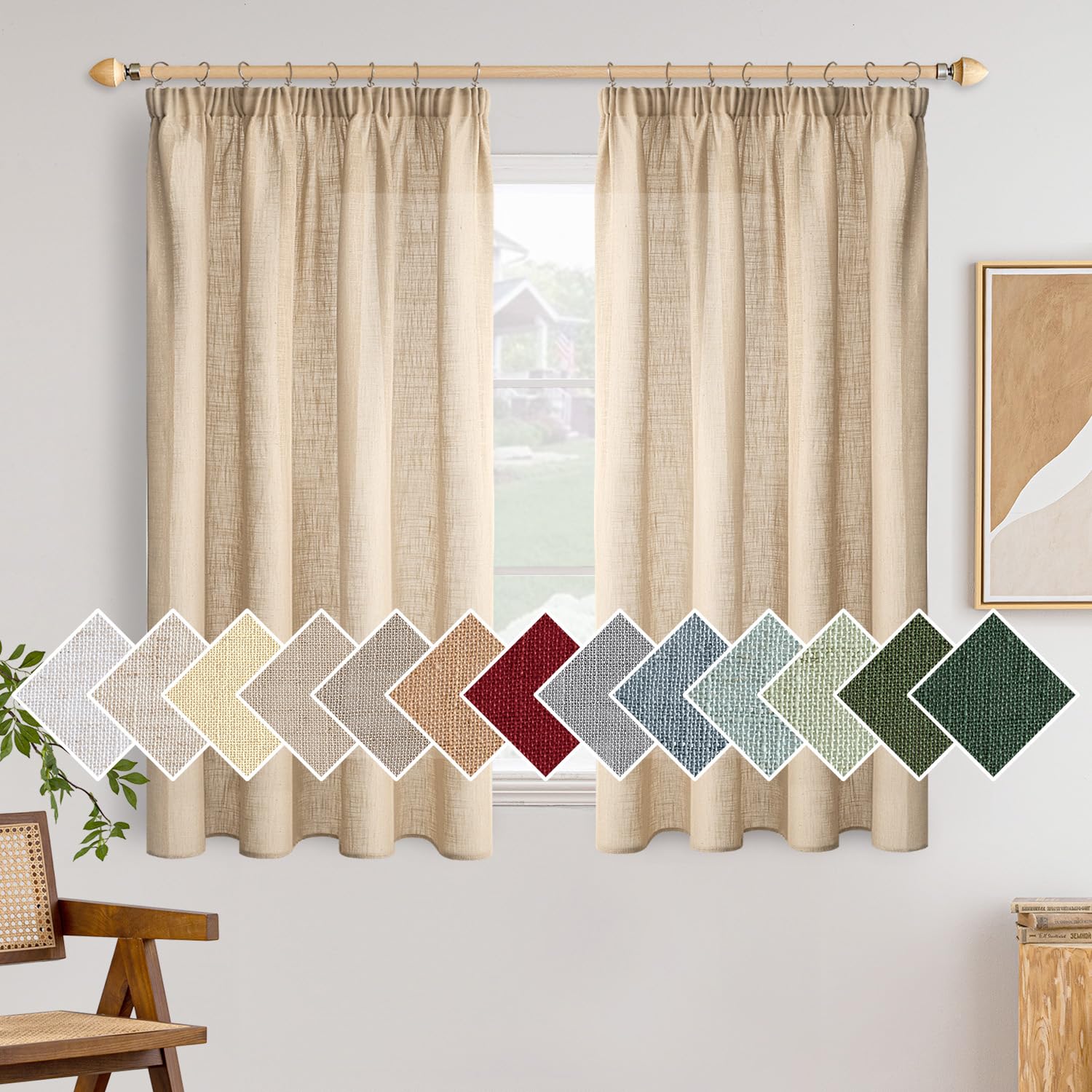 Woaboy Cortinas Lino Cortas con Cinta Fruncidora Visillos Dormitorio Ventana Translúcido Cortinas Modernas para Salón Habitación 2 Piezas 140x145cm Beige