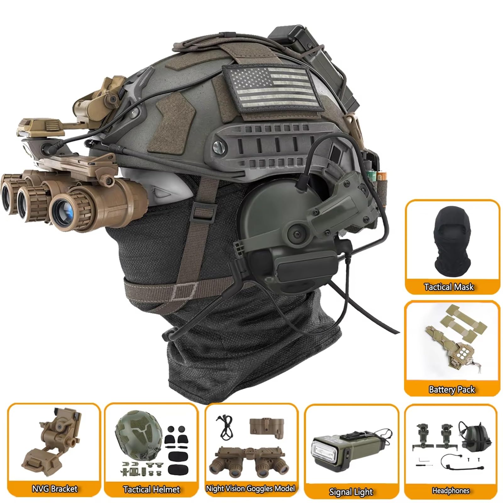 Casco Tattico Airsoft Veloce Con Cuffie Tattiche, Luce Sopravvivenza, Supporto NVG, Pacco Batteria, Borsa Con Pesi, Maschera For Giochi CS All'aperto, Caccia, Cosplay, Painball, Swat Gear