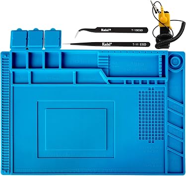 Kaisiking Silicone Repair Mat, Magnetic Feature for Electronics Soldering | S-160 |17.8 x 11.8 inch |with 2 ESD Tweezers and Anti-Static Wrist Strap for mobile phones, cameras and circuit boards