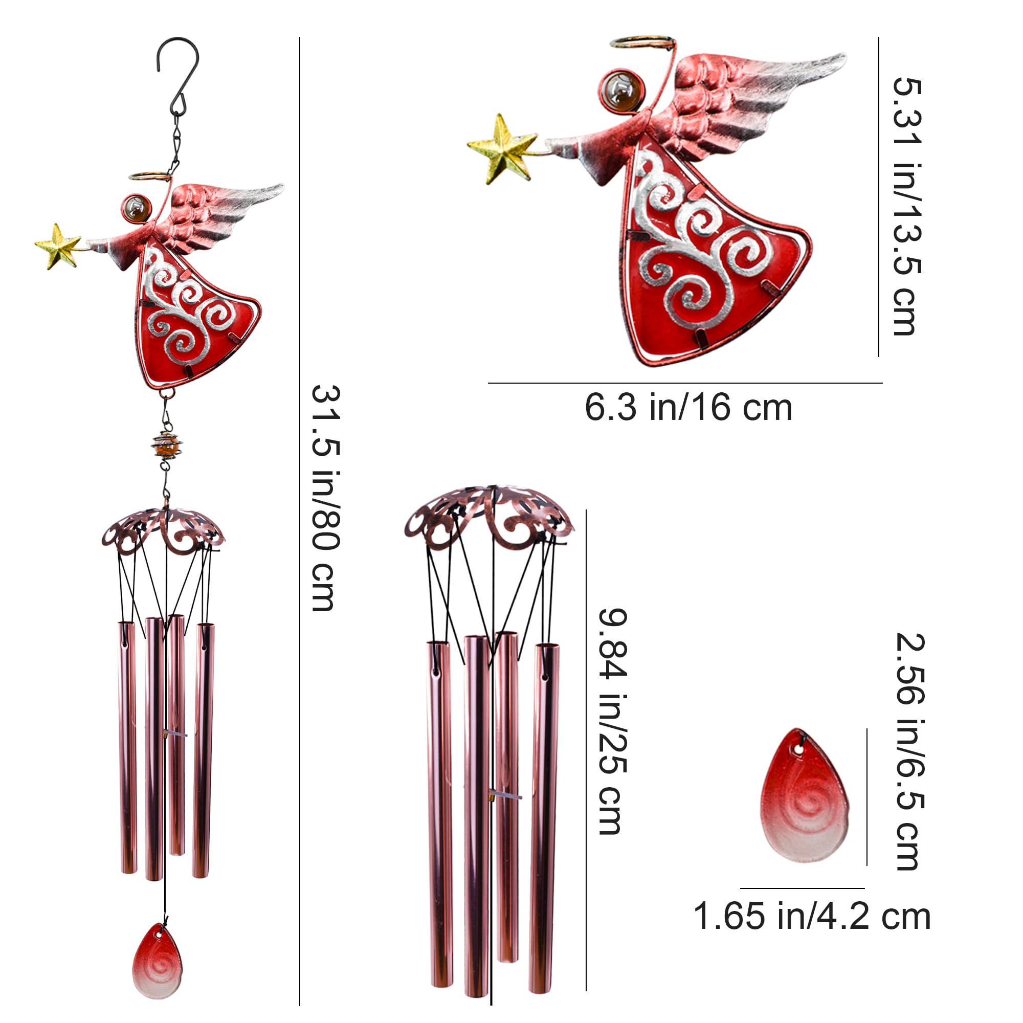 Engel-Windspiel 80 Cm Aus Metall – Mit 4 Klangröhren & S-Haken Für Garten & Terrasse | Handbemaltes Glas, Perfekt Als Gedenk- Oder Geschenkartikel