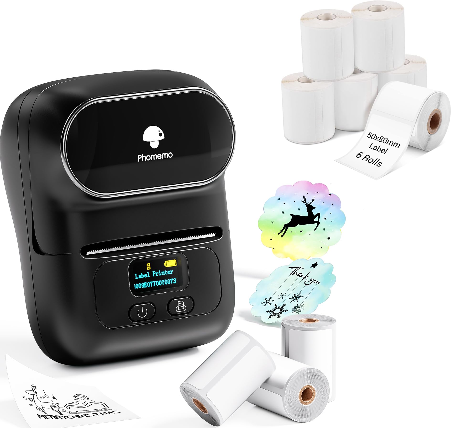 Phomemo M110 Etiquetadora Caja de Regalo con 9 Rollos de Etiquetas, Impresora de Etiquetas Adhesivas Bluetooth térmica portátil, para Uso en la Oficina, códigos de Barras, pequeñas Empresas, Tiendas