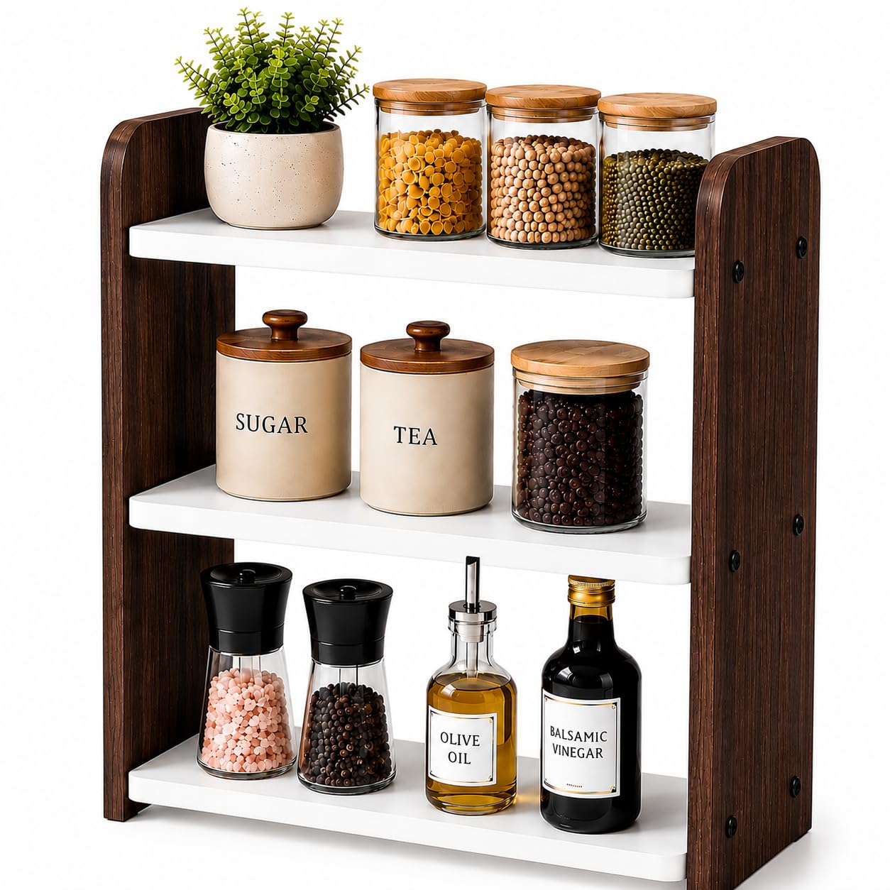 3-Tier Kitchen Organizer Rack for Countertop, Engineered Wood Spice Rack Shelf, Space Saving Storage Stand for Kitchen, Bathroom & Office, Easy Assembly, Dark Brown (White & Brown)-image-23