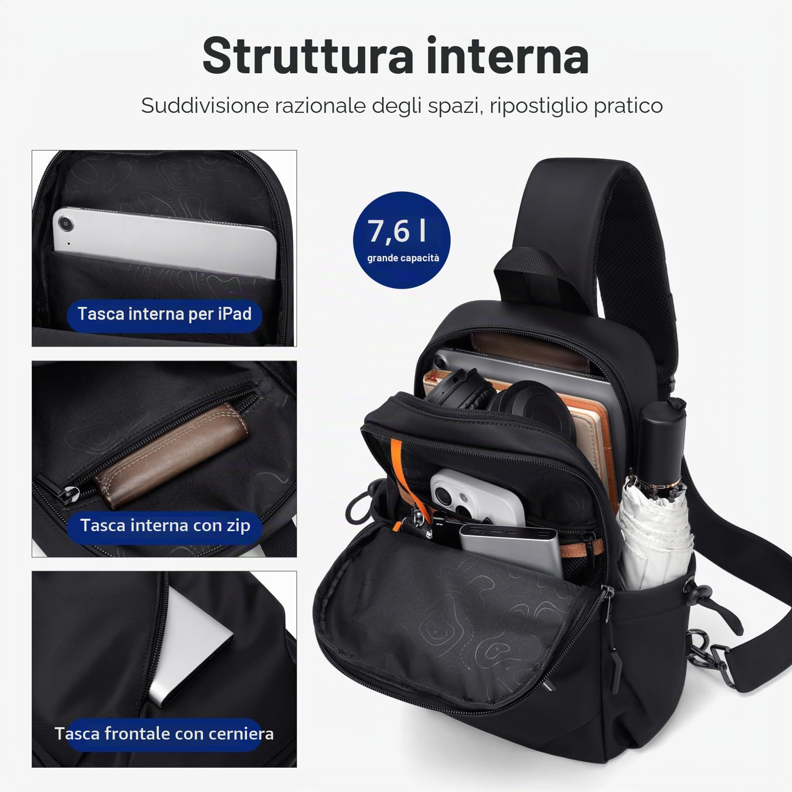 VNINE Borsello Uomo Tracolla, Leggero Tracolla, con Una Cinghia, per Escursionismo, Passeggiate, Ciclismo, Viaggi, Ciclismo, con Porta Cuffie