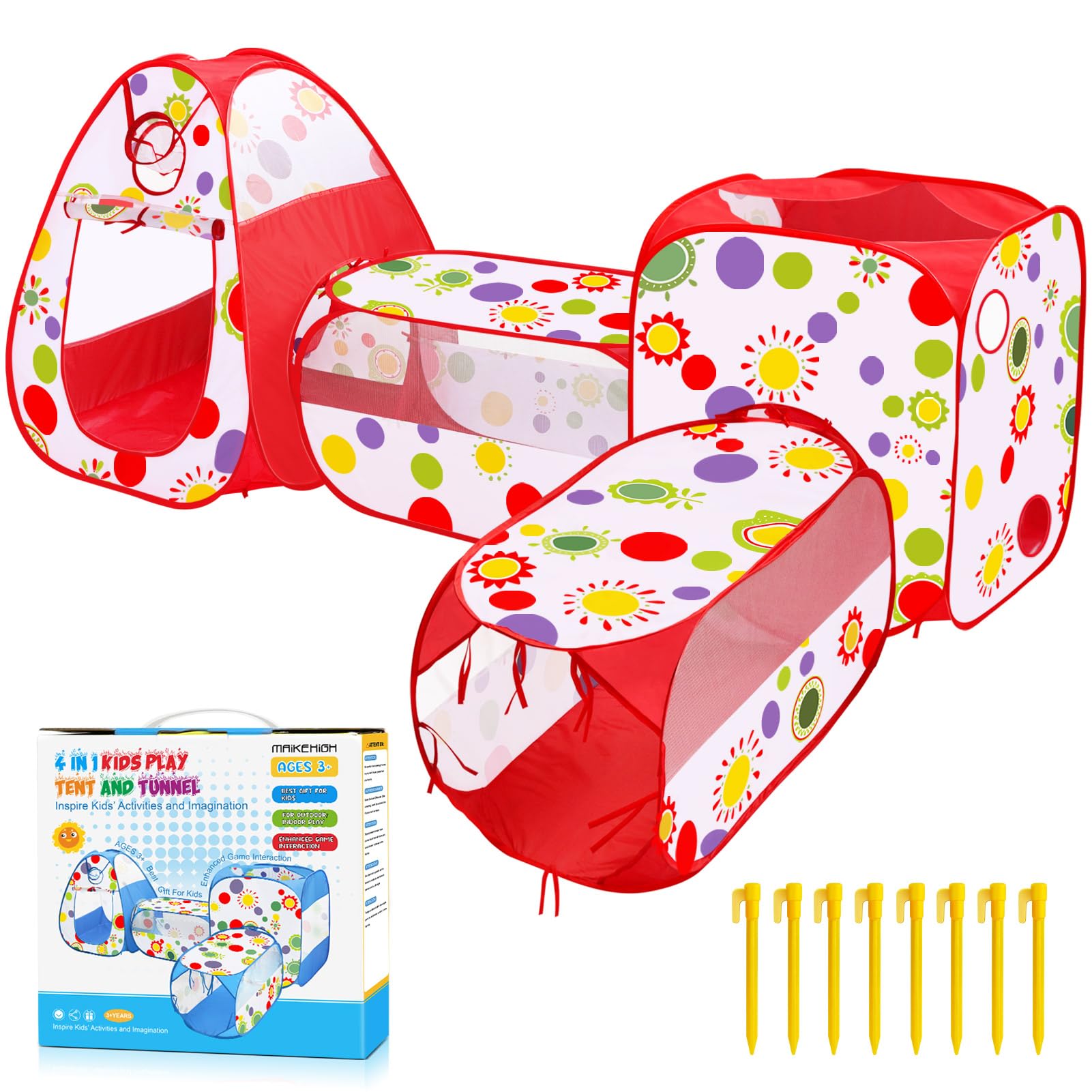 MAIKEHIGH Tunel de Juego Infantil, 4 en 1 Pop Up Tienda Campaña | Plegable Piscina Bolas Bebe Parque Jardín Exterior Interior Juguetes Niños Niñas Regalos
