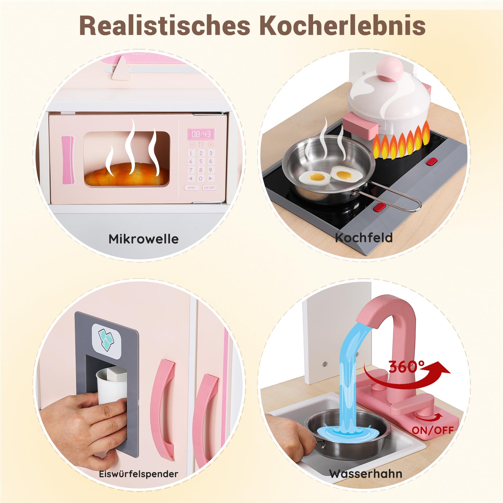 SainSmart Jr. Cocina de madera para niños – Juego de cocina premium para niños – Incluye estufa, refrigerador y accesorios para niñas, rosa