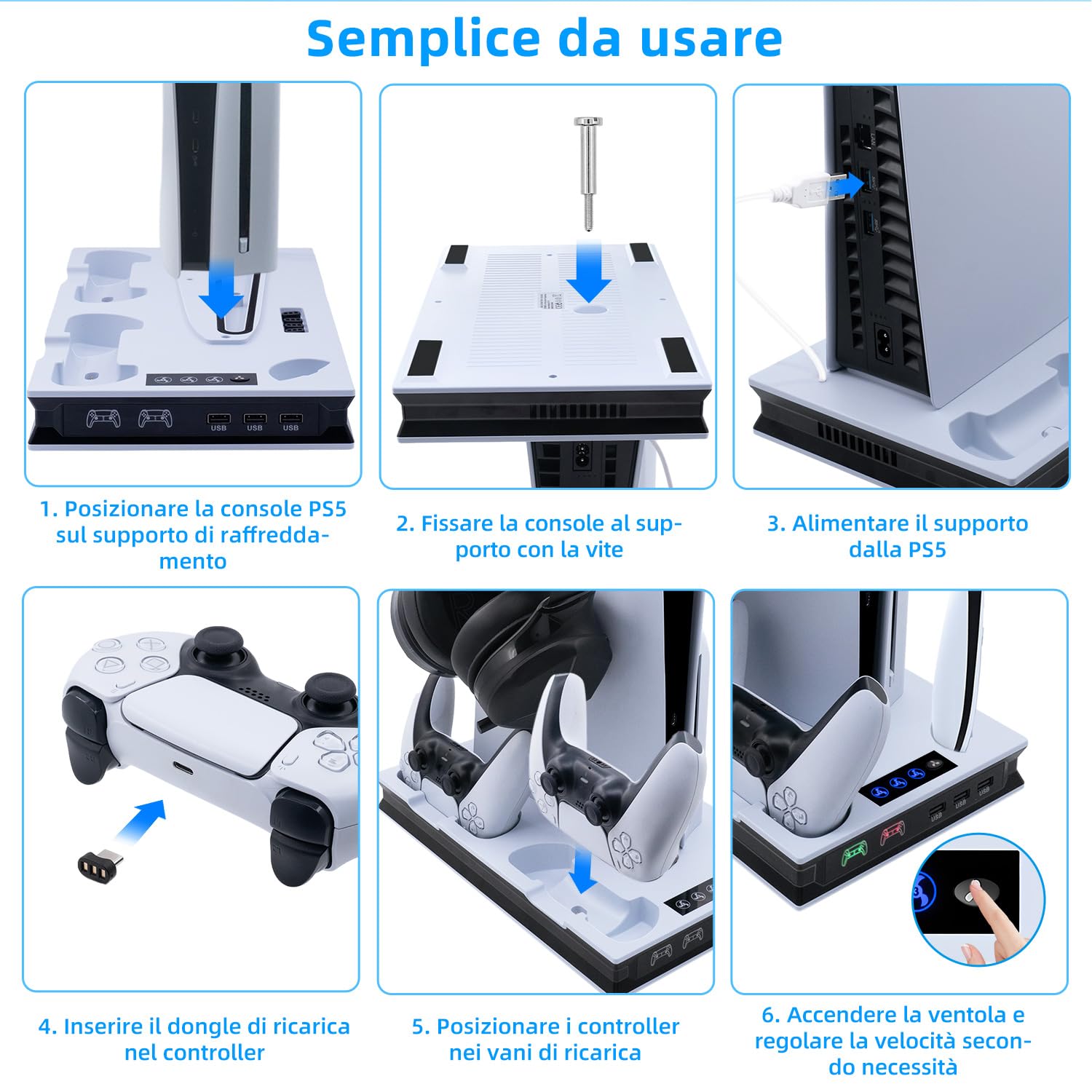 Mcbazel PS5/PS5 PRO/PS5 Slim Verticale Supporto di Raffreddamento, Stazione Ventola di Raffreddamento Regolabile con Supporto Cuffie,Stazione di Caricatore Doppio Controller Joystick per PS5 Slim/PS5