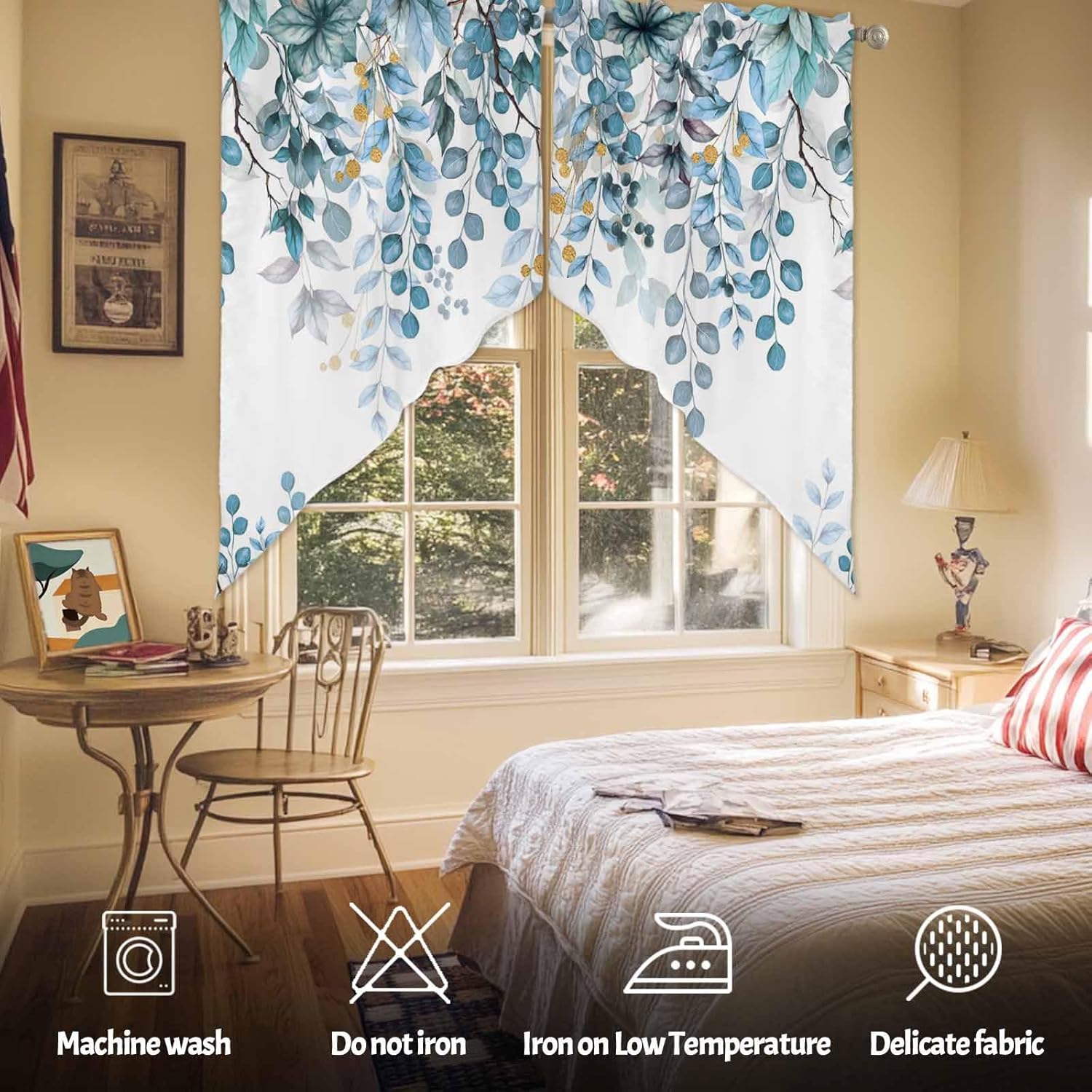 2 Piece Farmhouse Curtains Valances for Windows, Abstract Art Blue Leaves Rod Pocket Curtain Swag Topper Set, Light Filtering Window Curtains Valance Panels for Bathroom Bedroom 36x45 Inch