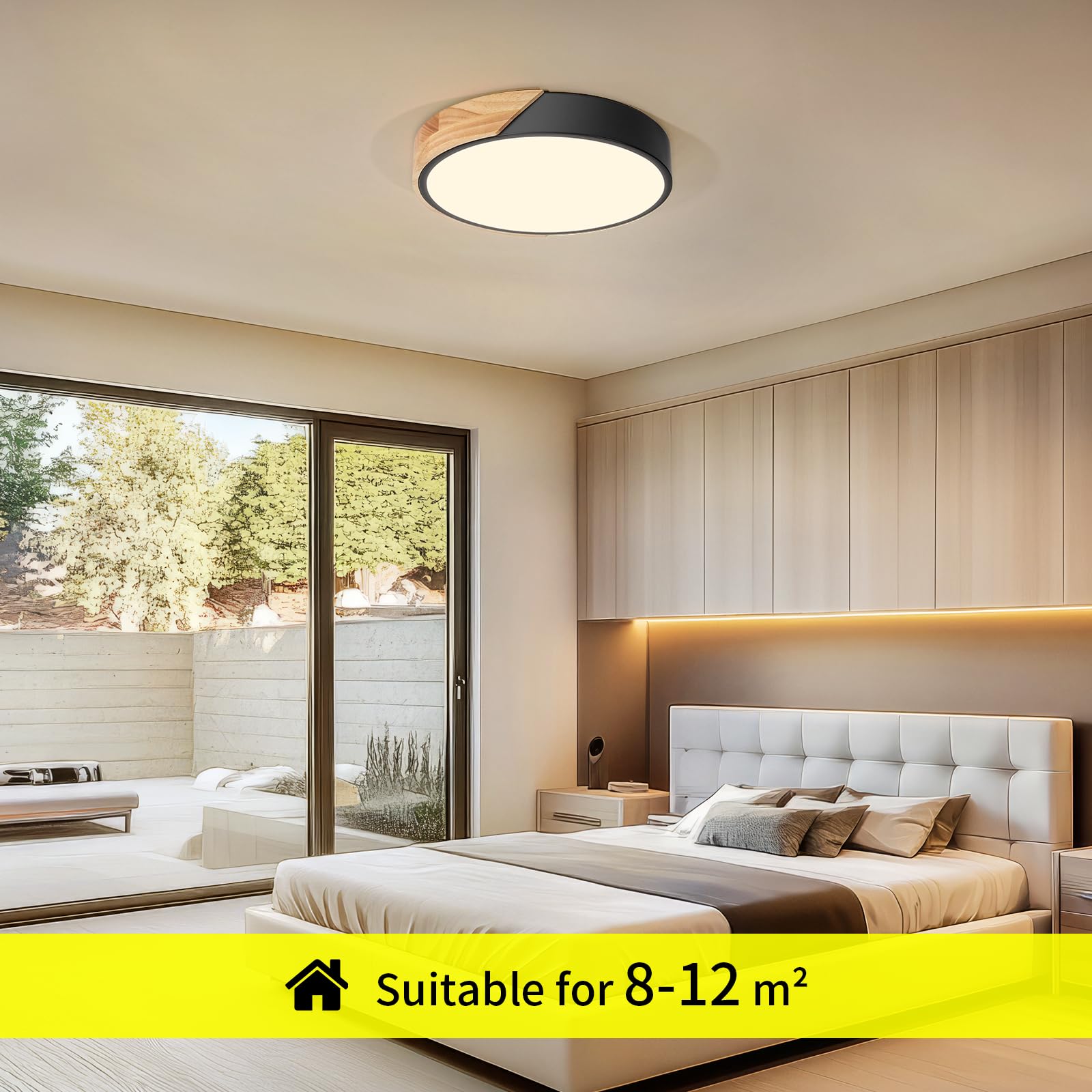 Kambo LED Deckenleuchte 24W ∅30cm, Moderne Deckenlampe Schwarz mit Holzoptik 3000K, für Wohnzimmer, Schlafzimmer, Küche, Flur, Balkon