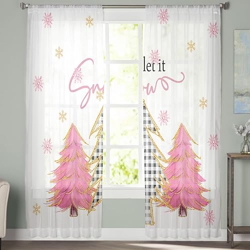 Miniatura 4 de Cortinas de Navidad para sala de estar, cortinas traslúcidas para árbol de Navidad, cortinas de ventana con bolsillo para barra, cortinas de ventana