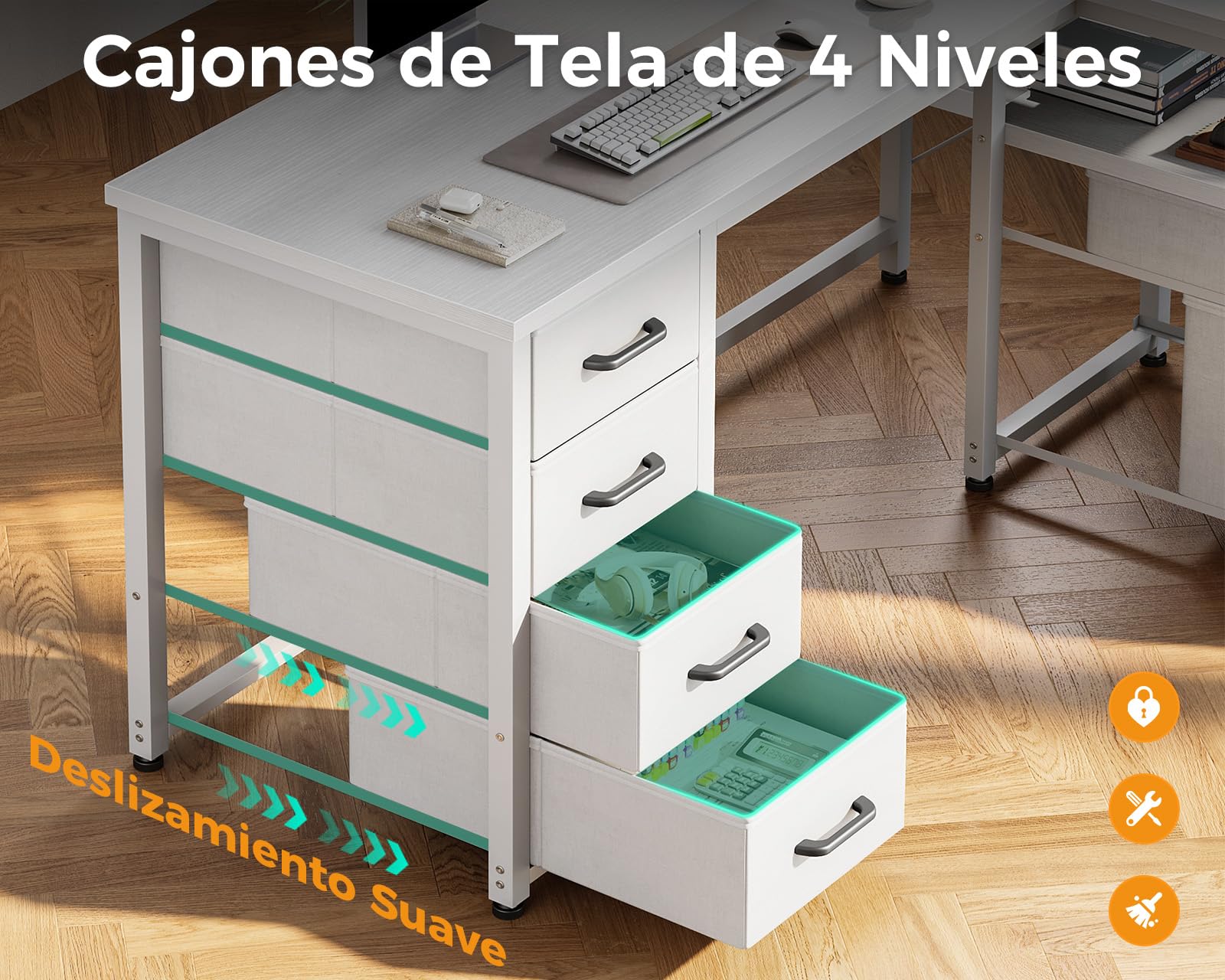 Coleshome Escritorio Esquinero con Cajones de Tela, 140x80cm Reversible Escritorio en L con Cajón para Archivos, Mesa Escritorio para con Puerto de Carga USB y Toma de Corriente, Blanco